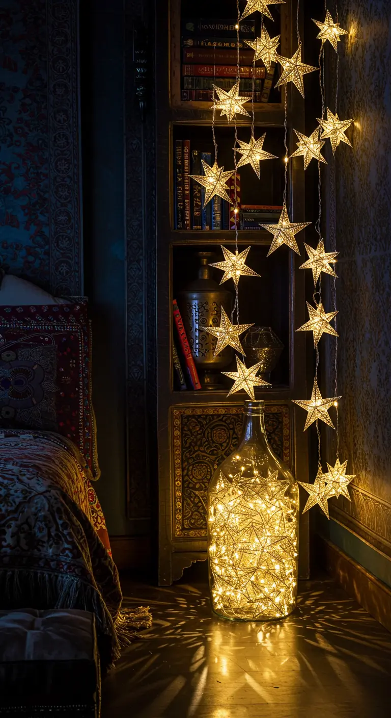 Grande bottiglia di vetro riempita di luci e una tenda di stelle luminose accanto.