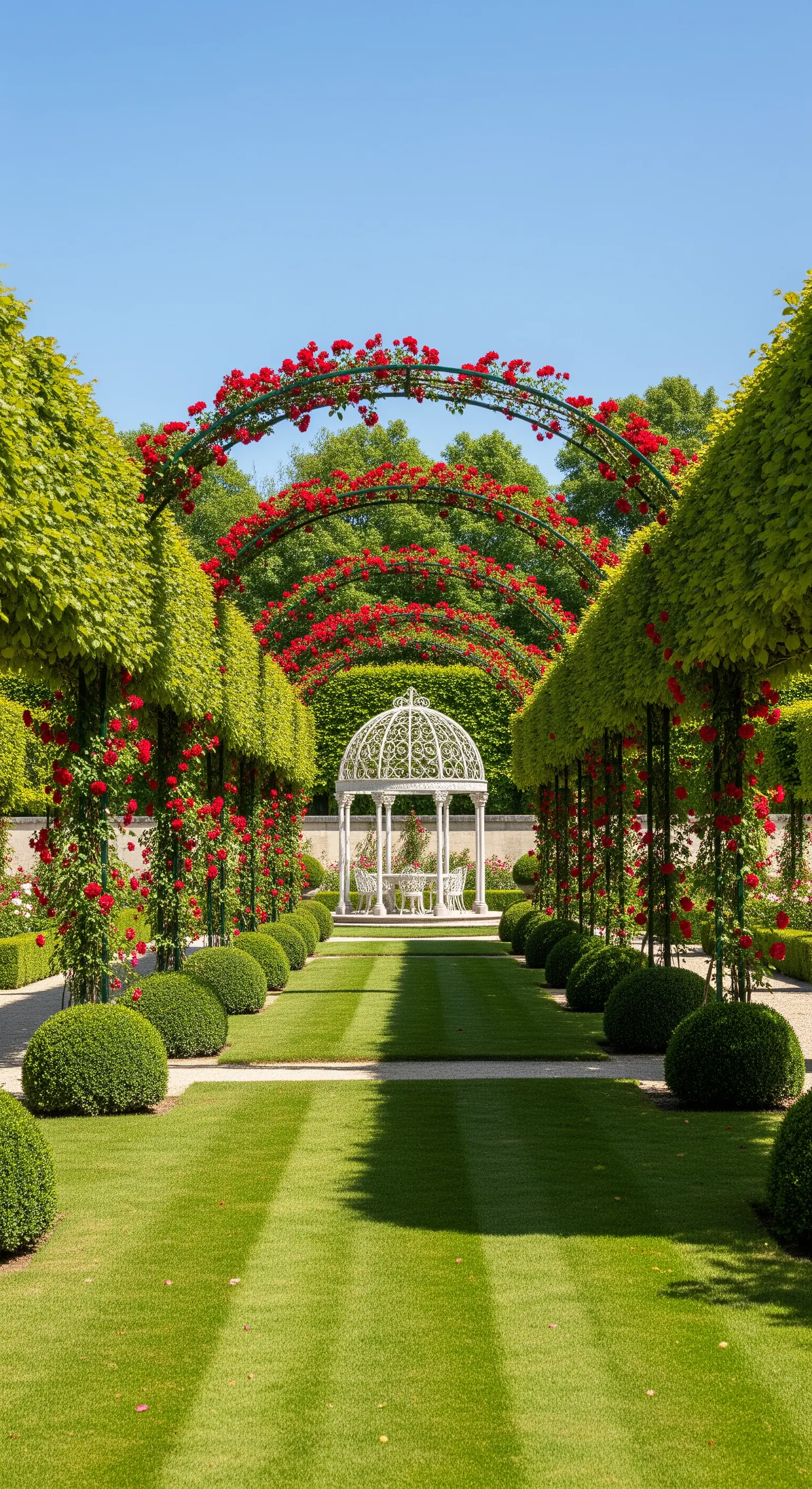 Un lungo viale fiancheggiato da archi con rose rosse che creano un tunnel prospettico.