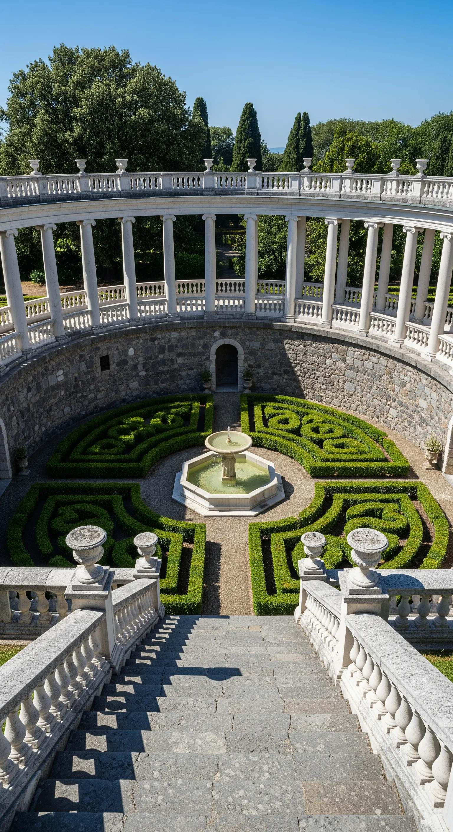 Giardino formale ribassato con labirinto di siepi, circondato da un colonnato circolare.
