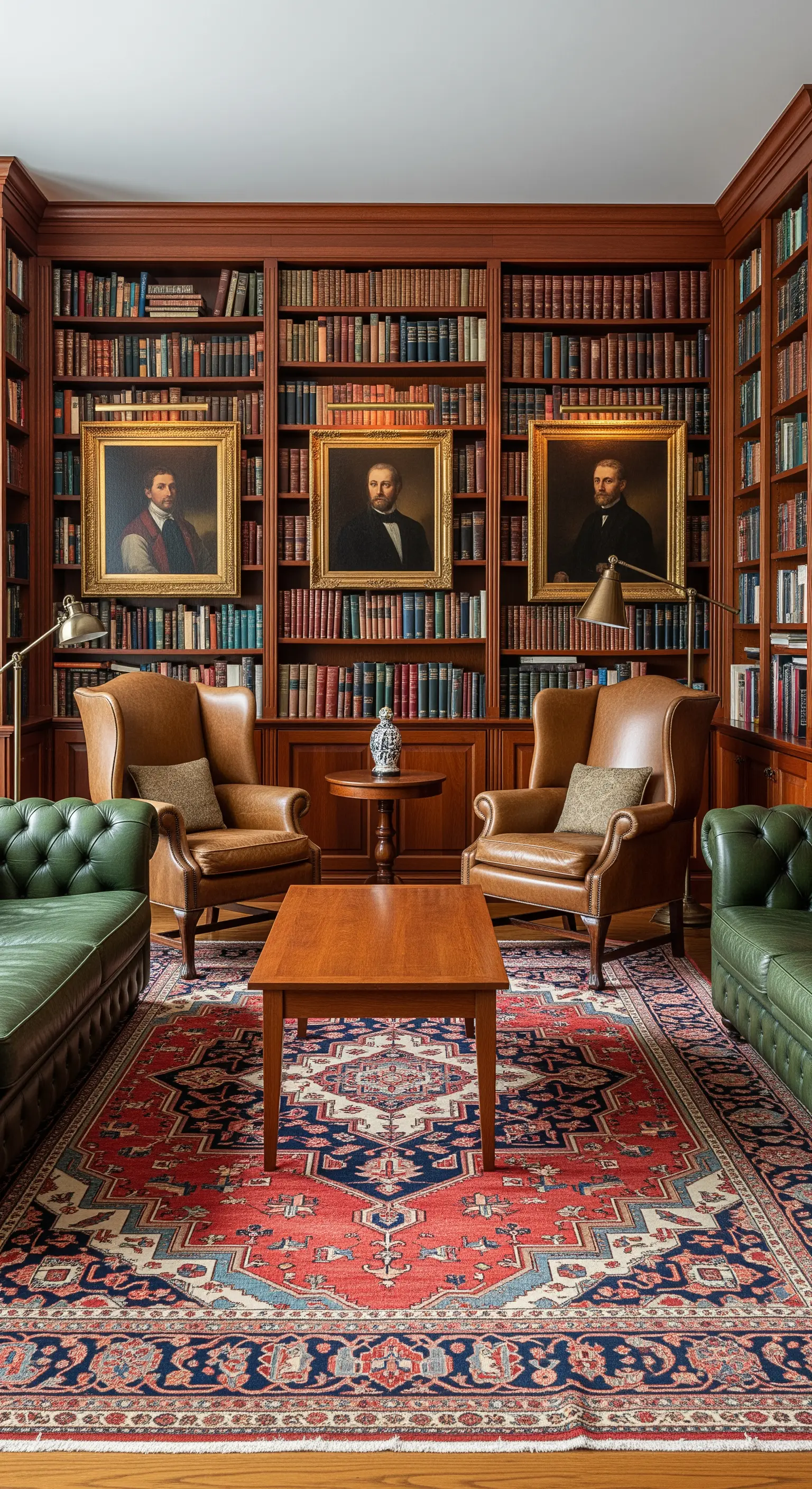 Studio con librerie a parete, poltrone in pelle marrone e tappeto persiano.