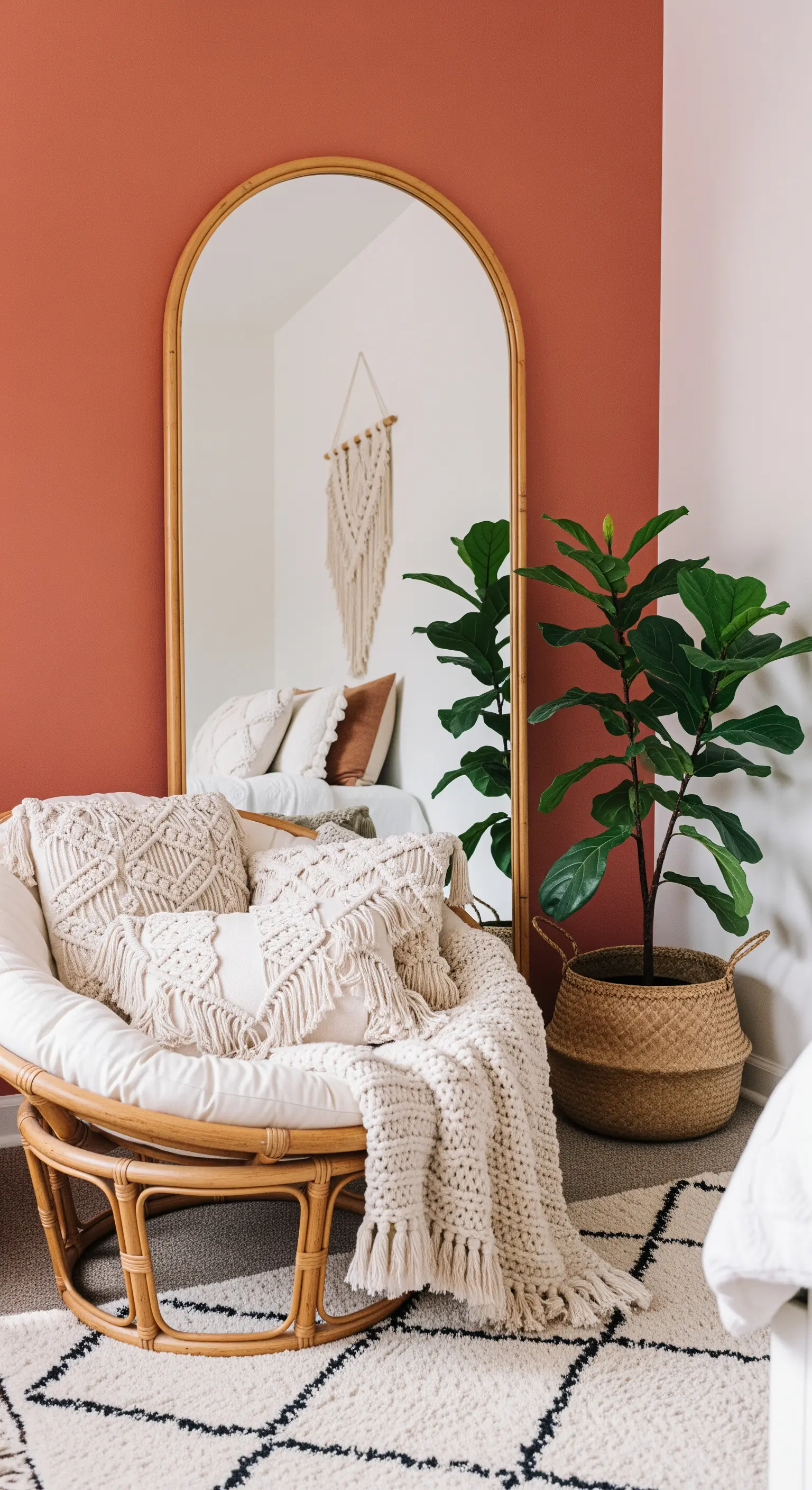 Specchio a figura intera con arco appoggiato a una parete color terracotta dietro una poltrona Papasan.