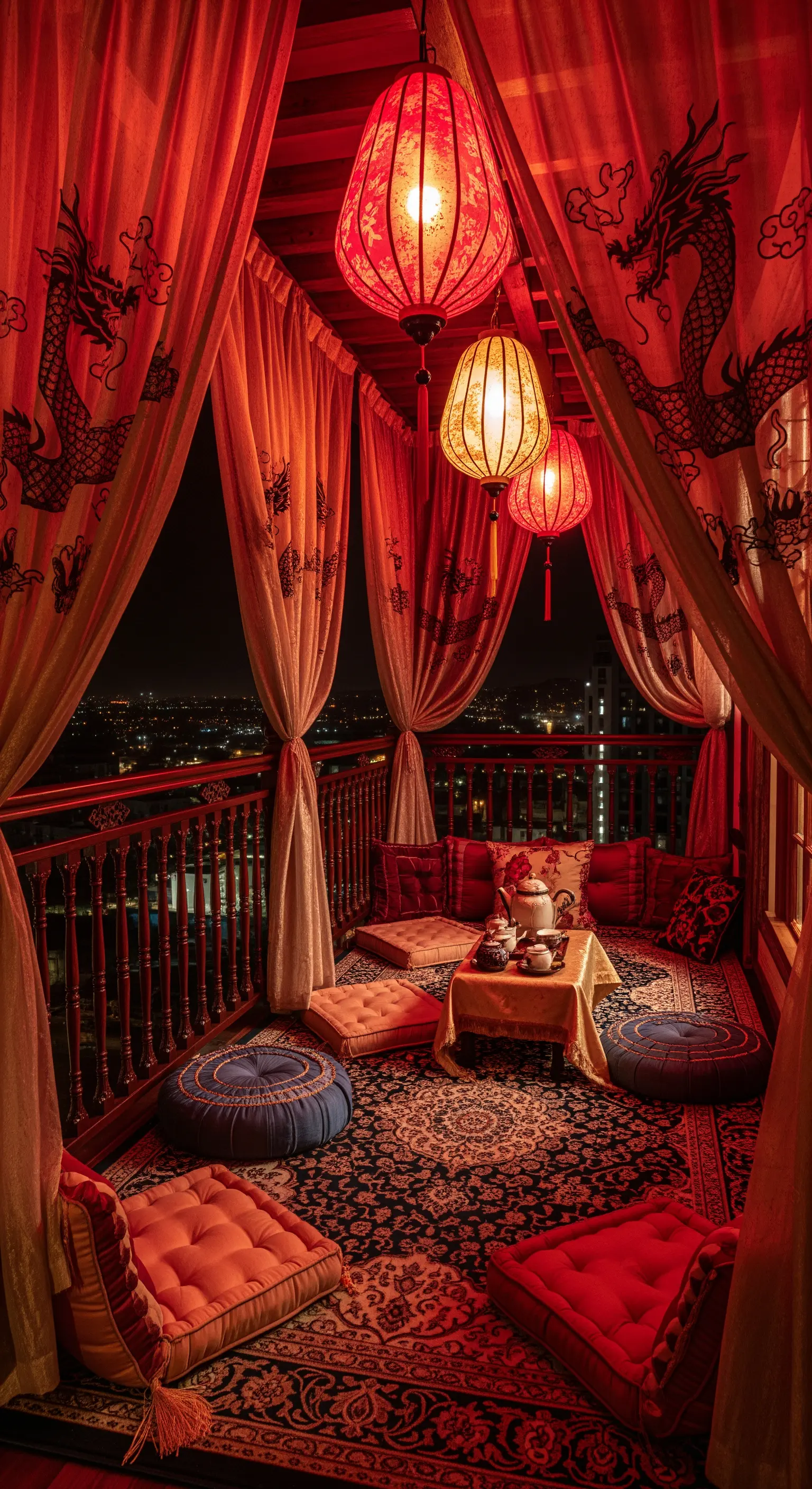 Balcone di notte trasformato in un salotto asiatico con tende rosse, lanterne e cuscini a terra.