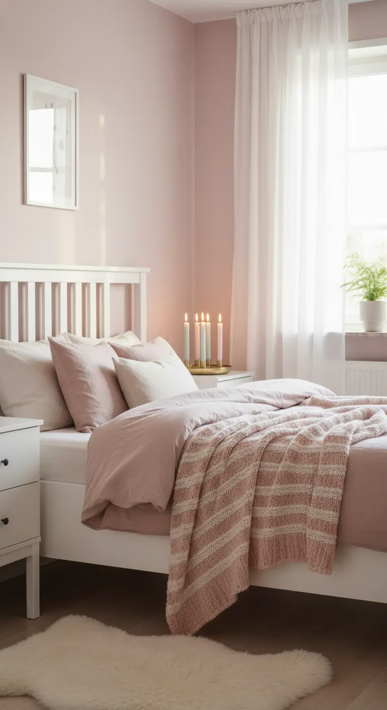 Camera da letto total pink con diverse texture di tessuto rosa e un gruppo di candele sul comodino.