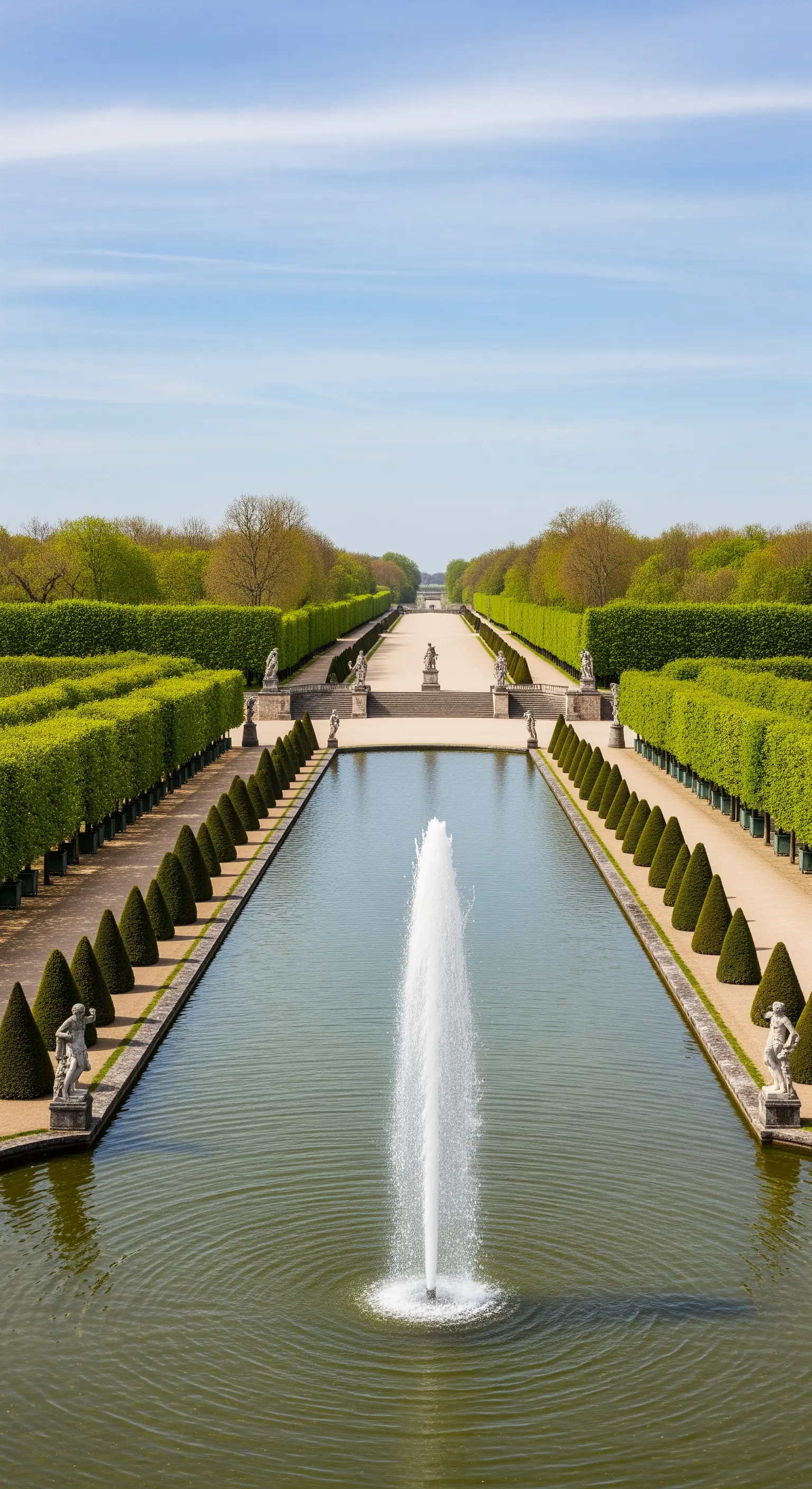 Grande canale in un giardino formale con siepi potate e un getto d'acqua centrale.