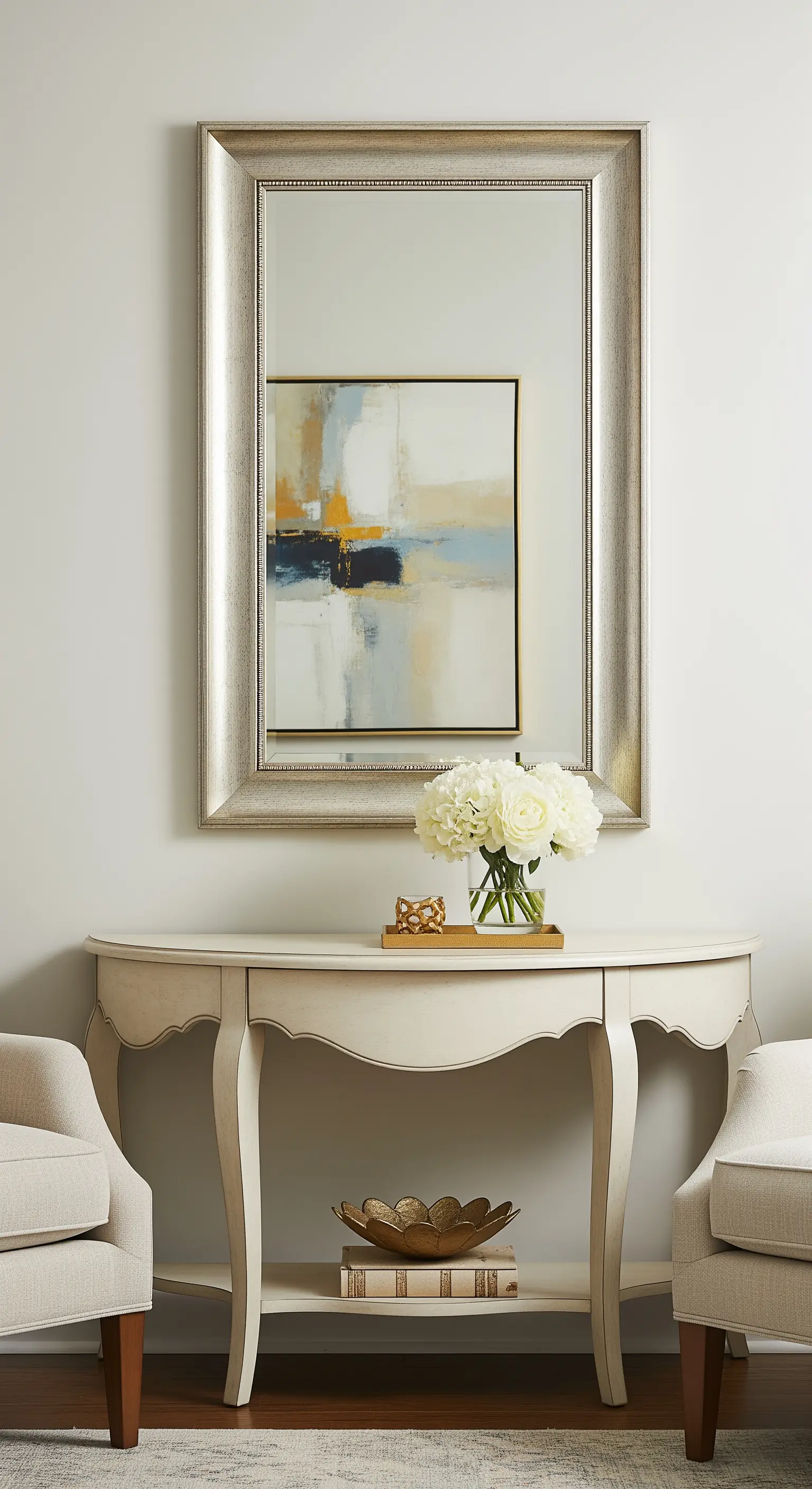 Specchio con cornice argentata appeso sopra una consolle, che riflette un quadro astratto sulla parete opposta.