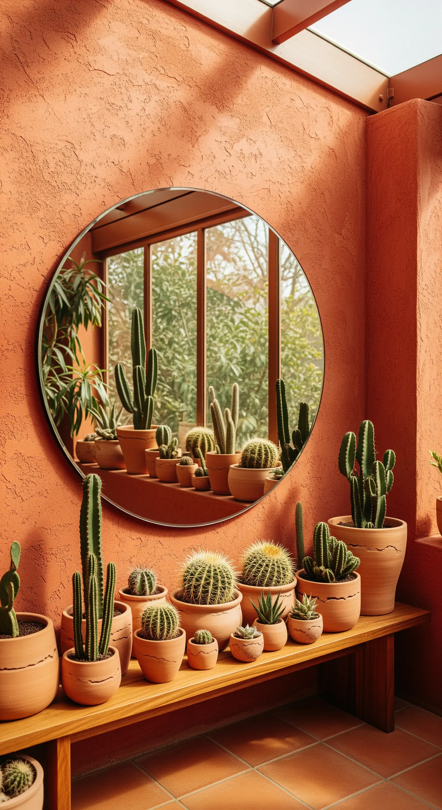 Specchio rotondo su una parete color terracotta che riflette una collezione di cactus e piante grasse.