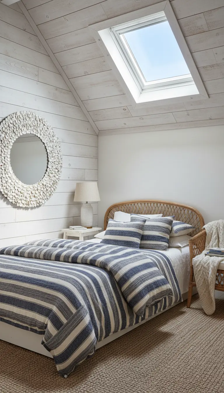 Camera da letto in mansarda con parete in legno bianco, specchio di conchiglie e letto in rattan.