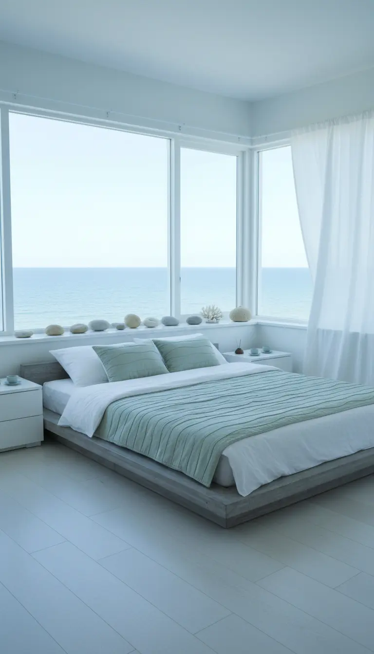Camera da letto con letto basso grigio e tessuti verde acqua, affacciata direttamente sul mare.