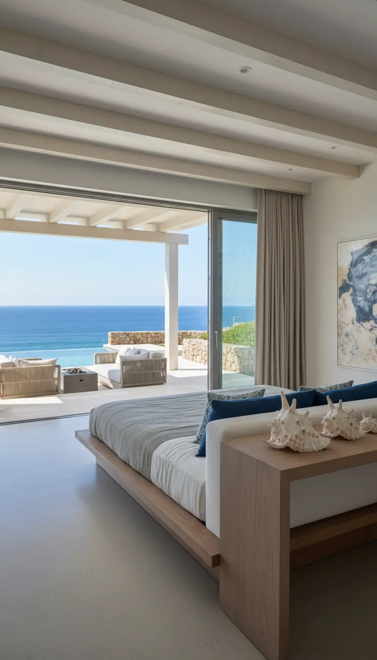 Letto basso con mensola in legno come testiera, decorata con grandi conchiglie e vista sul mare.