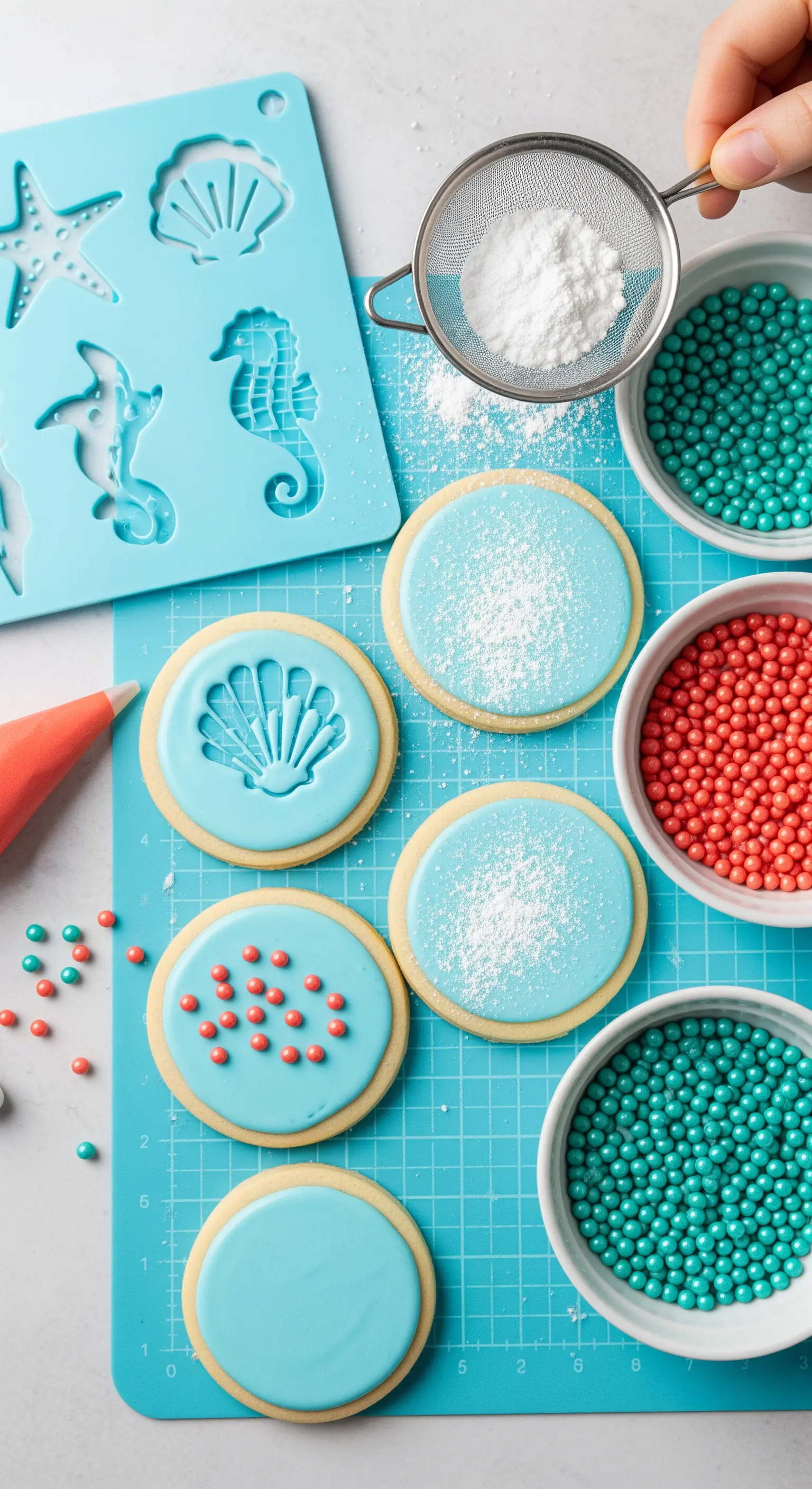 Preparazione di biscotti a tema marino con stampi in silicone, zucchero a velo e perline colorate.