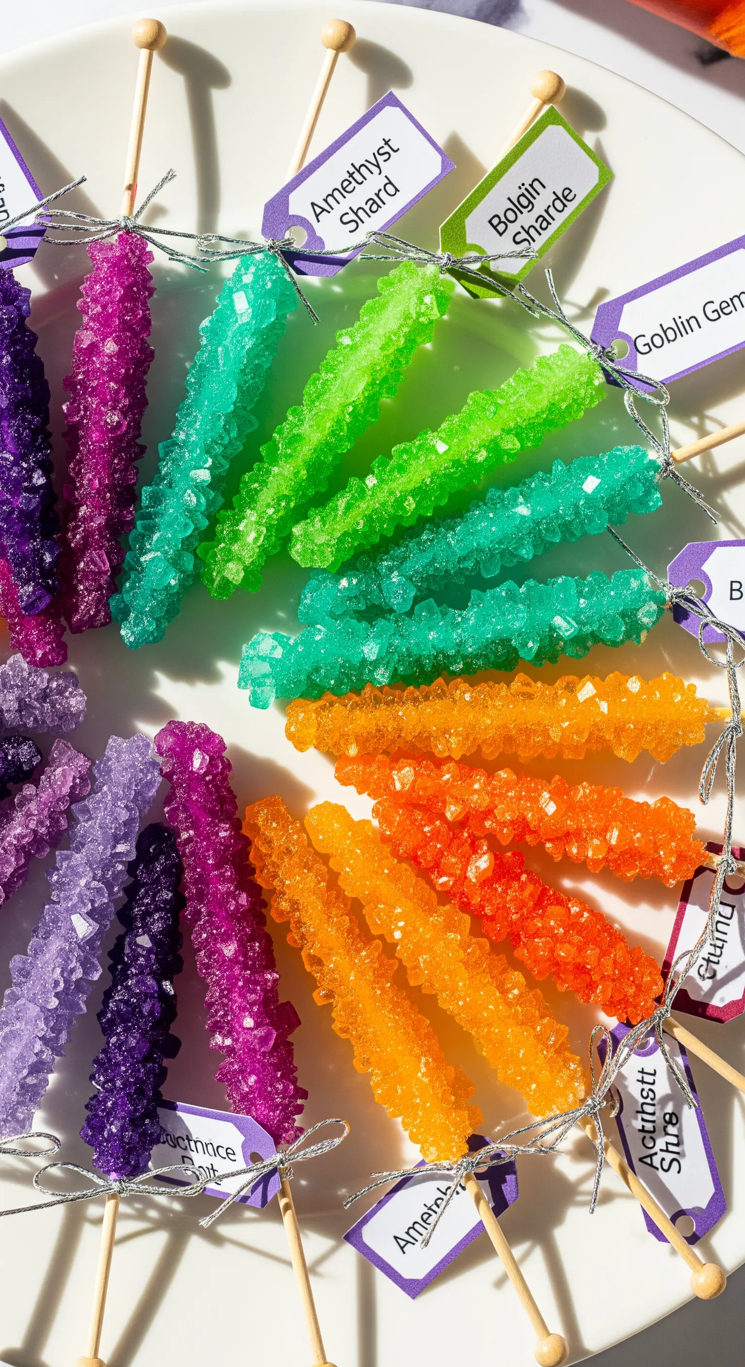 Bastoncini di zucchero cristallizzato colorati, disposti a raggiera con etichette a tema magico.