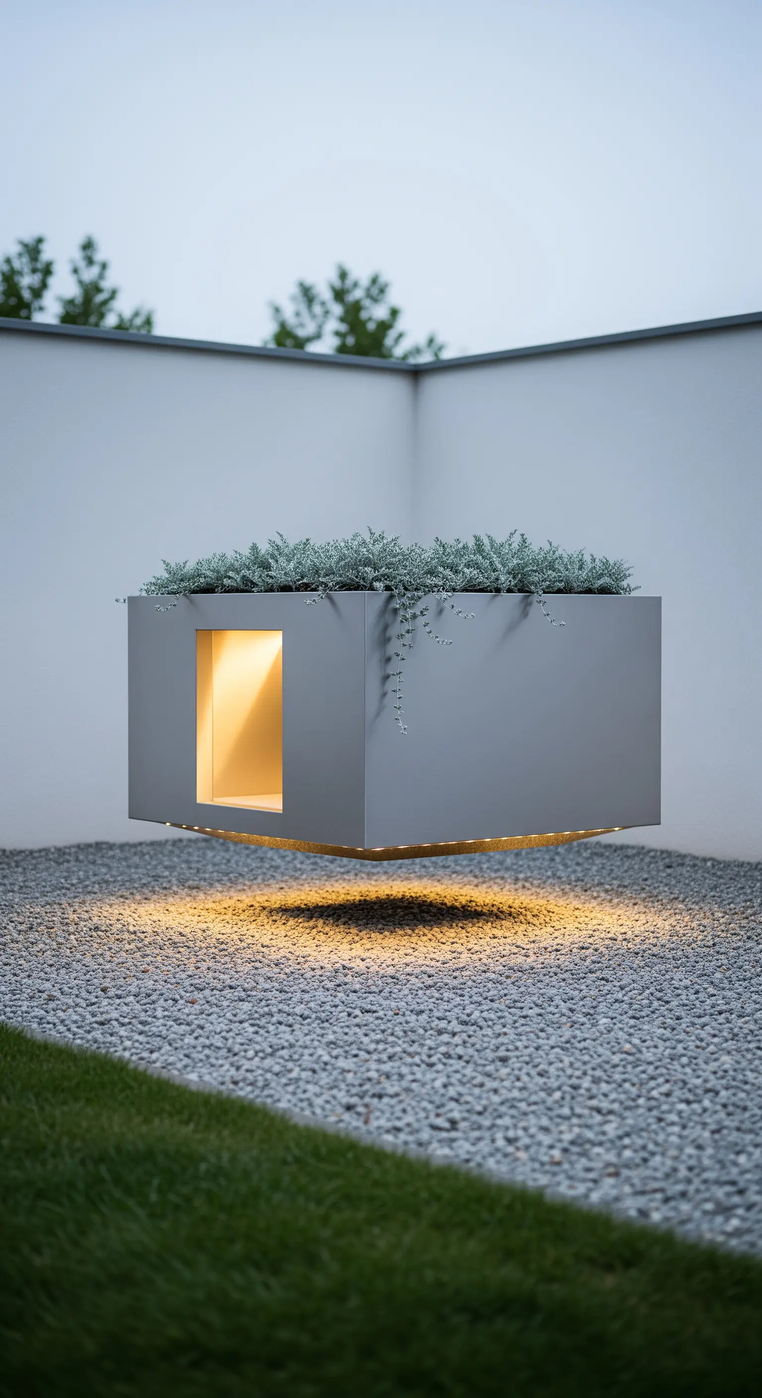 Cuccia minimalista a forma di cubo grigio che sembra fluttuare grazie a luci a LED.