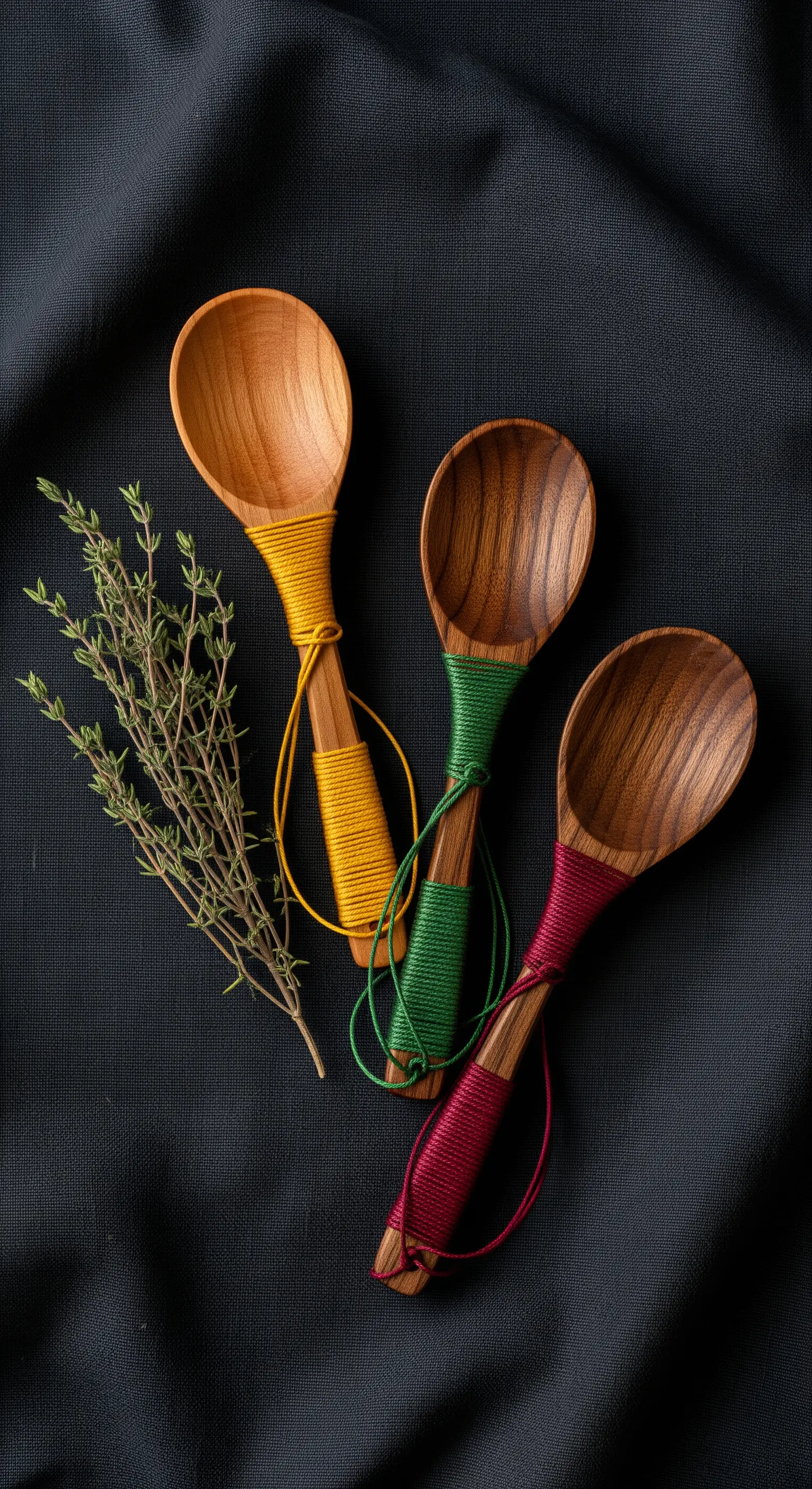 Tre cucchiai di legno con i manici avvolti in filo colorato giallo, verde e rosso.
