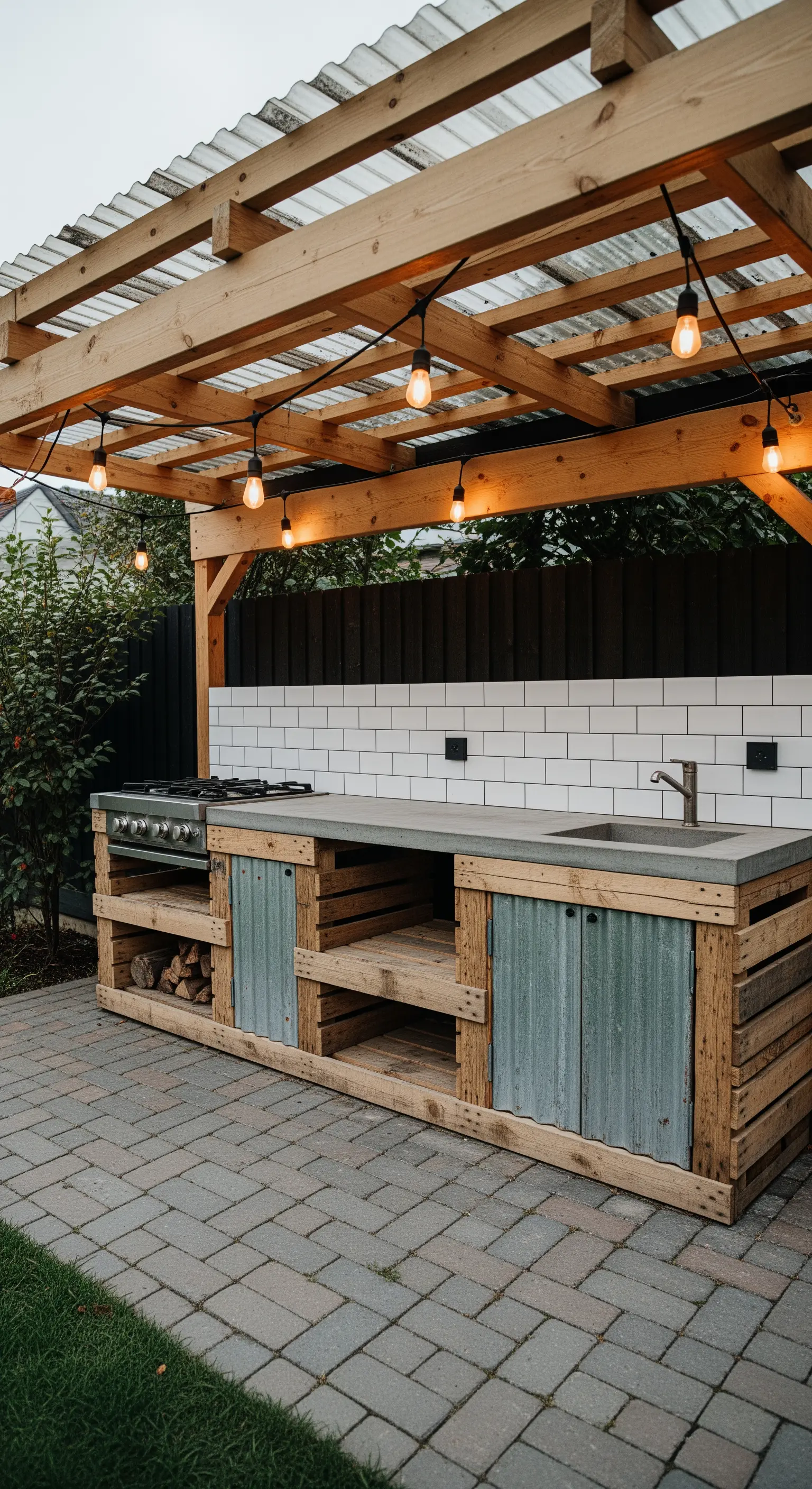 Cucina da esterno in stile industrial con base in pallet, ante in lamiera e top in cemento.