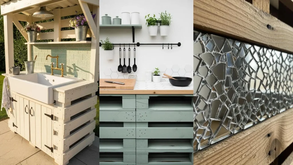 Tre diverse cucine esterne fai da te con pallet, piastrelle decorative e lavelli, mostrando design creativi e sostenibili.