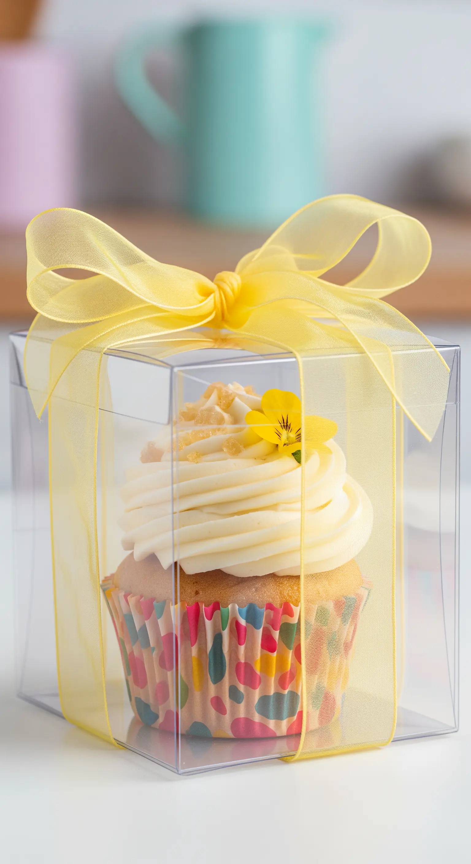 Un cupcake con frosting bianco e un fiorellino, confezionato in una scatola trasparente con un fiocco giallo.