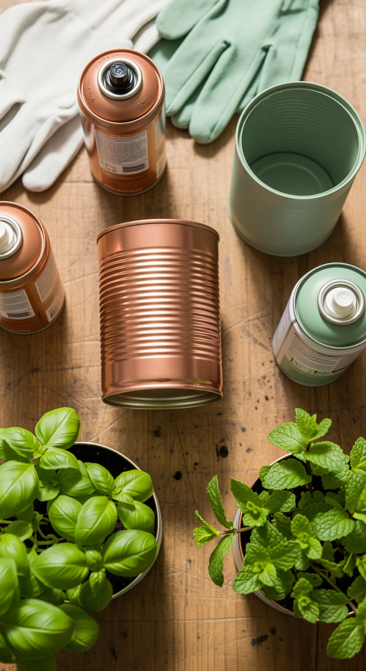 Lattine di metallo verniciate color rame e verde menta per erbe aromatiche.