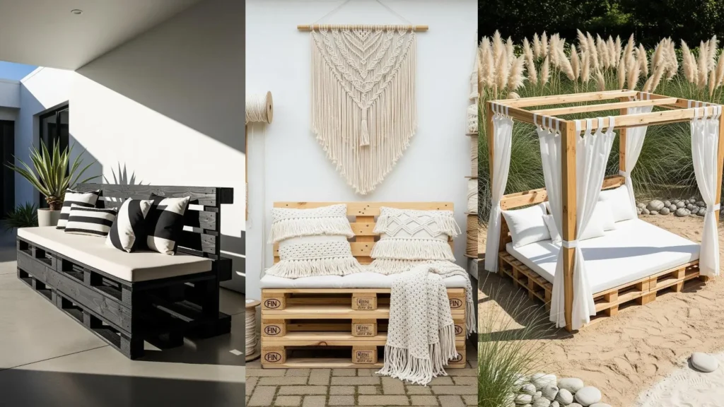 Diverse idee fai da te: divanetti da giardino in pallet, cuscini bianchi e neri, e boho macramè.