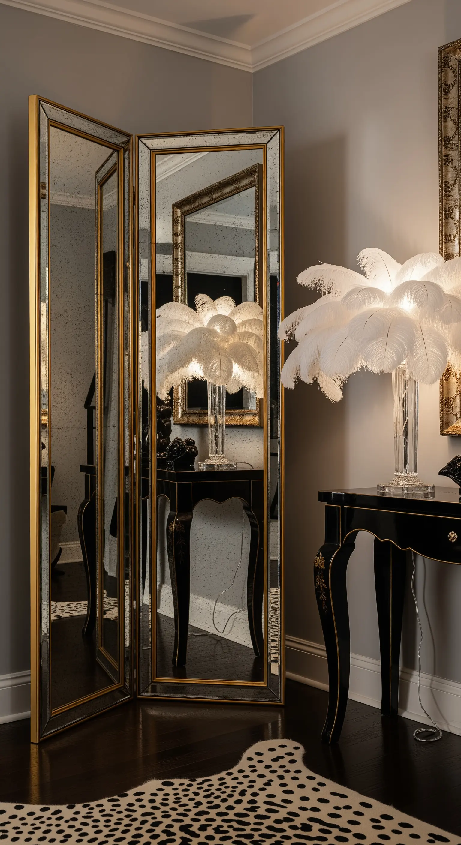Paravento a tre ante con specchi e cornice dorata in un angolo elegante di una stanza.