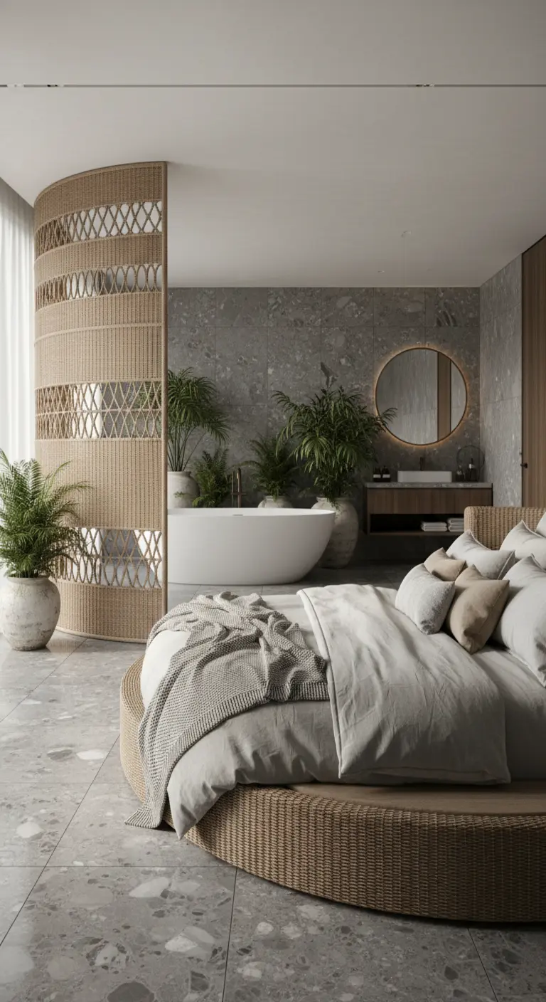 Suite con letto rotondo in rattan e un paravento intrecciato che la separa dalla zona bagno.