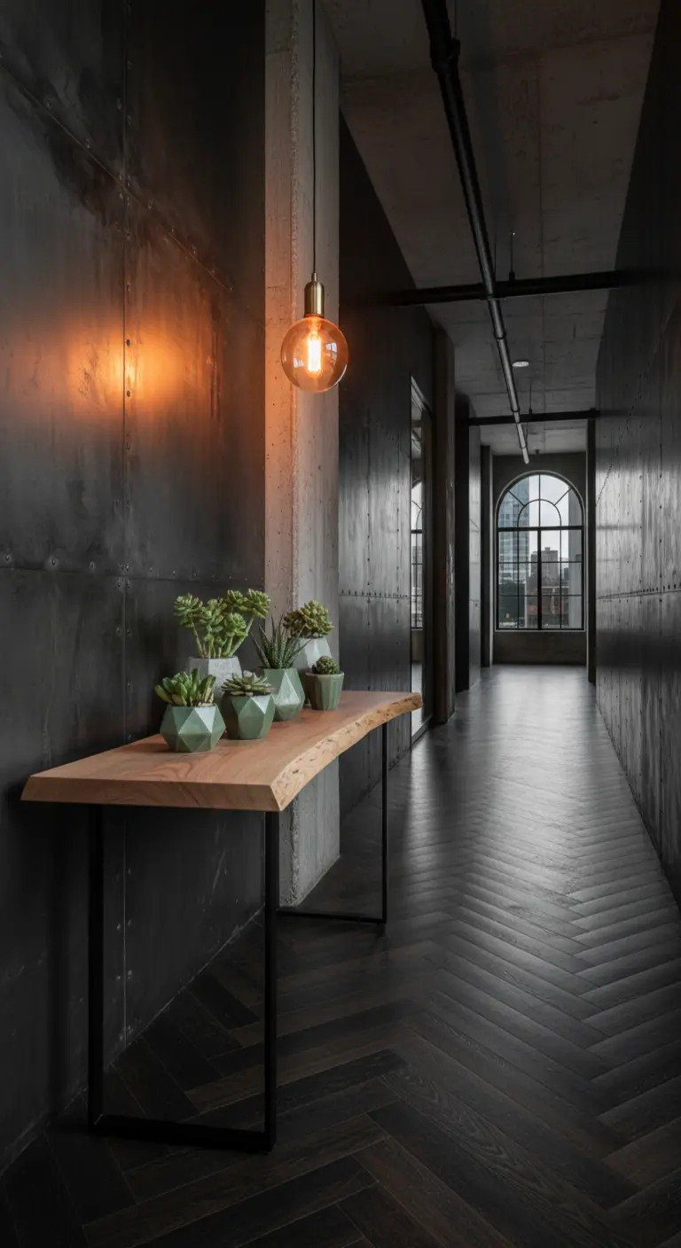 Corridoio industrial con pareti scure, consolle in legno grezzo e lampadina a sospensione.