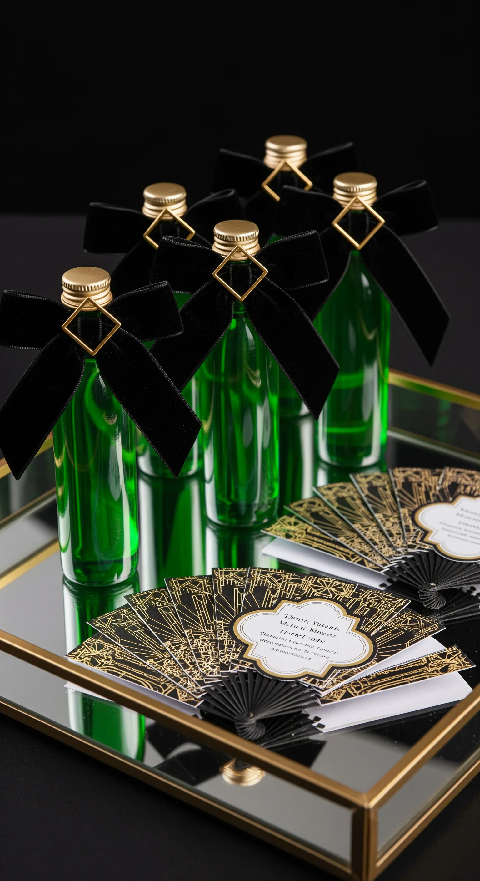 Bomboniere con liquore verde, fiocchi in velluto nero e dettagli dorati in stile Art Déco.