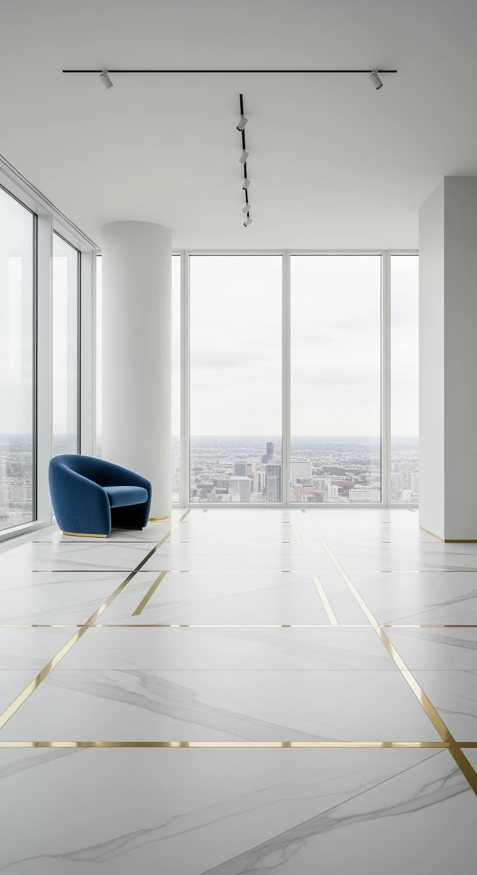 Pavimento in marmo bianco con inserti geometrici in ottone lucido in un ambiente luminoso.