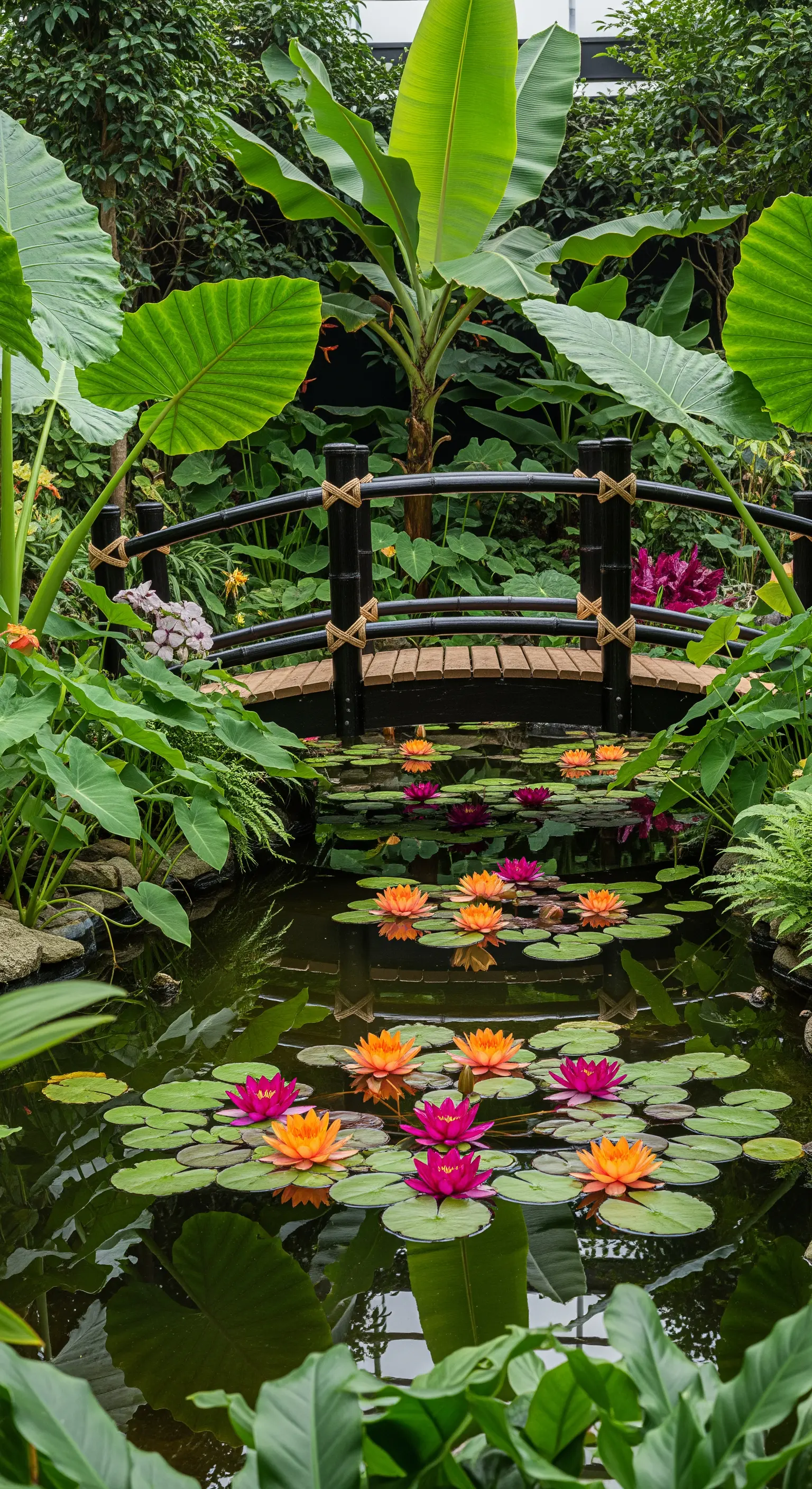 Ponticello in stile bambù circondato da piante tropicali e ninfee arancioni e fucsia