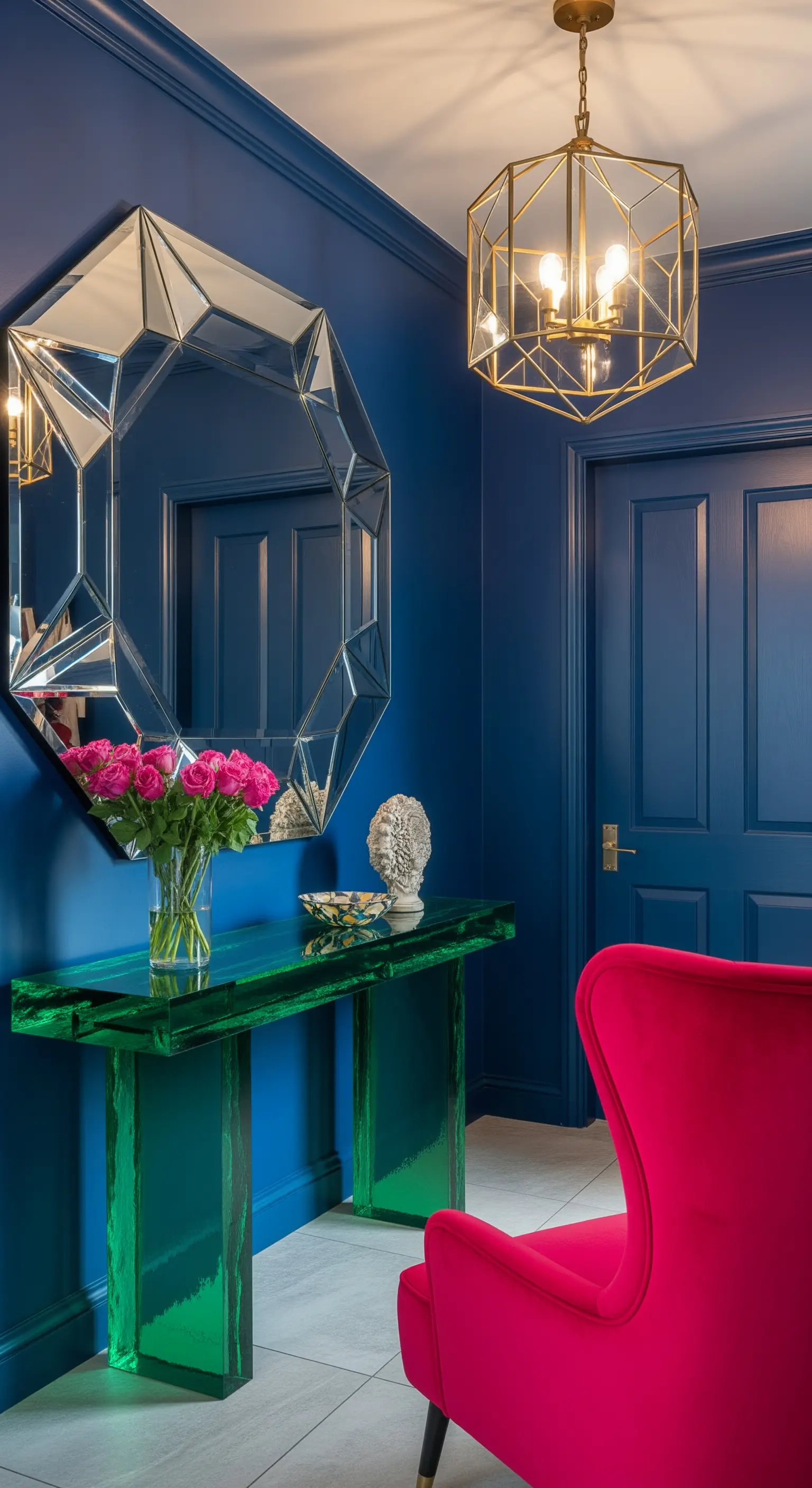 Ingresso blu cobalto con specchio geometrico, consolle in acrilico verde e poltrona fucsia