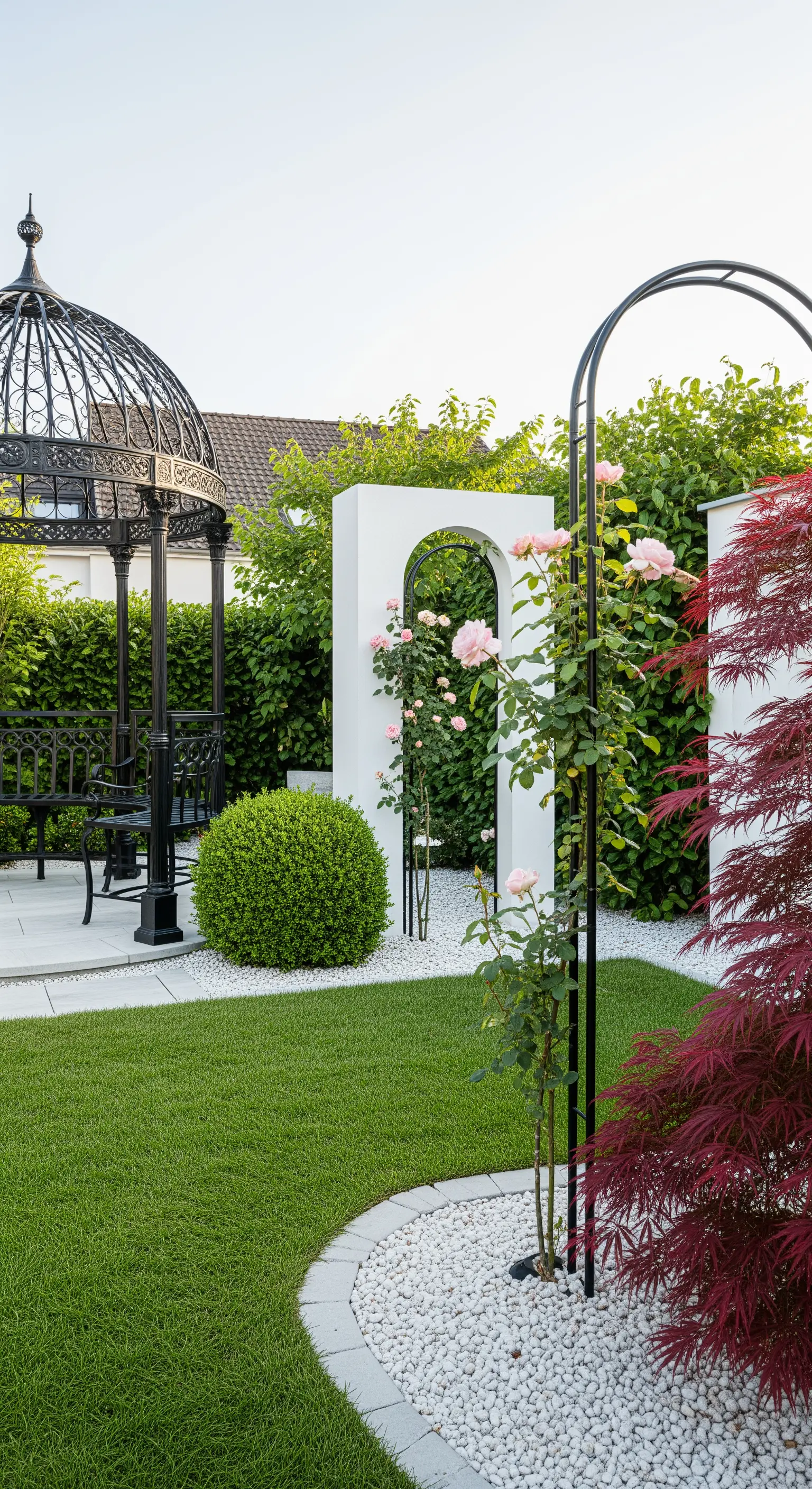 Giardino moderno con gazebo nero, muro bianco, acero rosso e un arco con rose rosa.