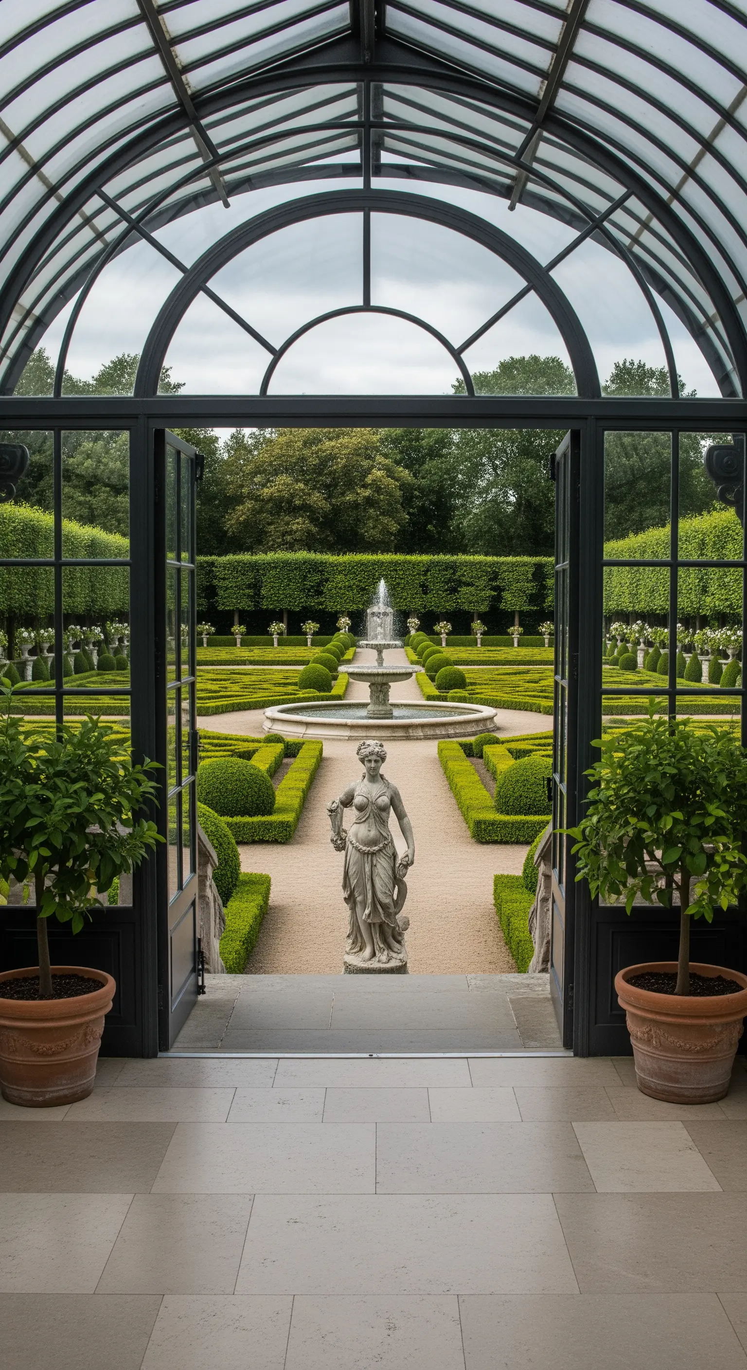 Vista di un giardino formale dall'interno di una serra con grandi porte a vetri.