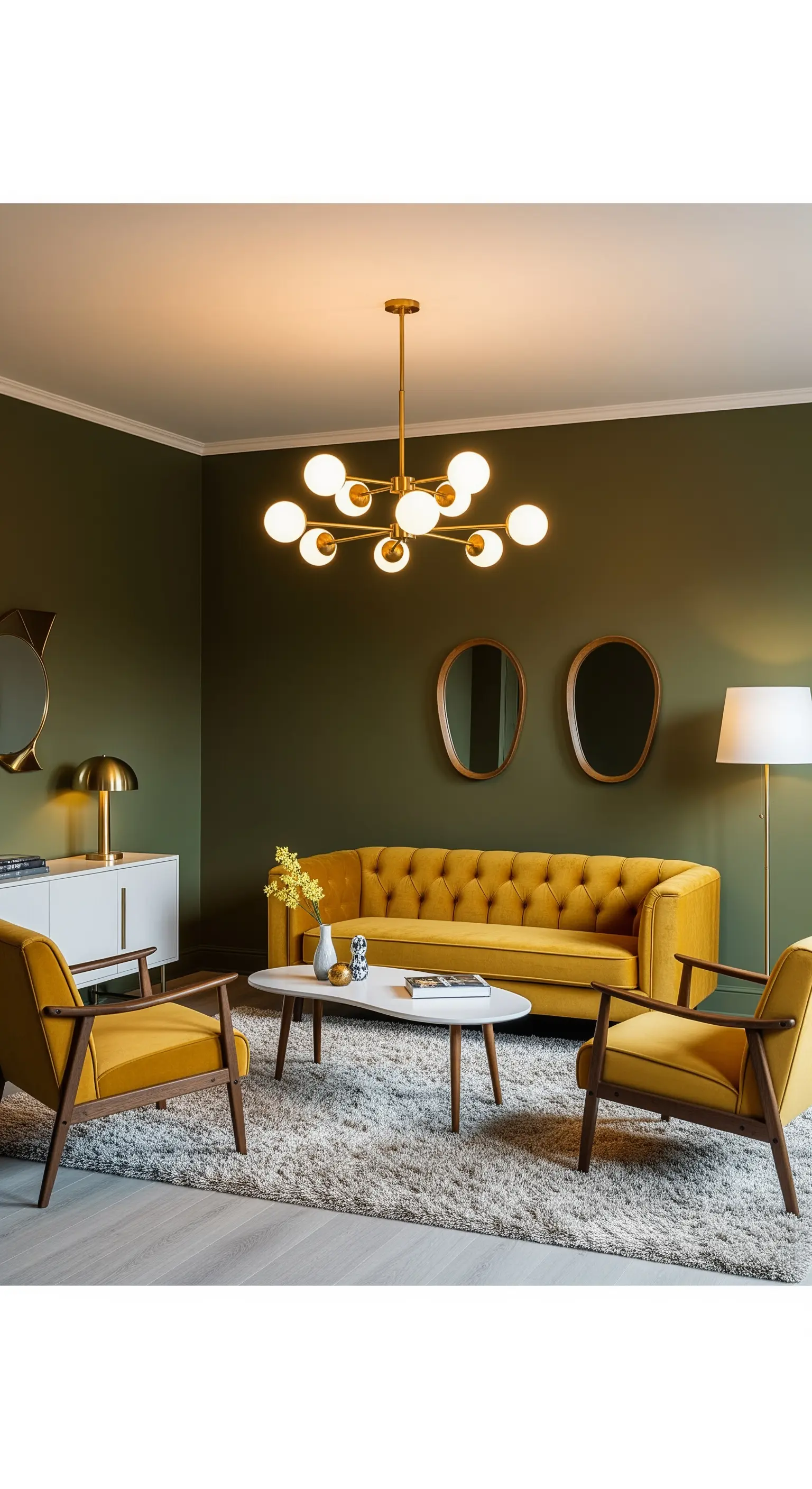 Soggiorno Mid-Century con pareti verde oliva e divano capitonné giallo senape.