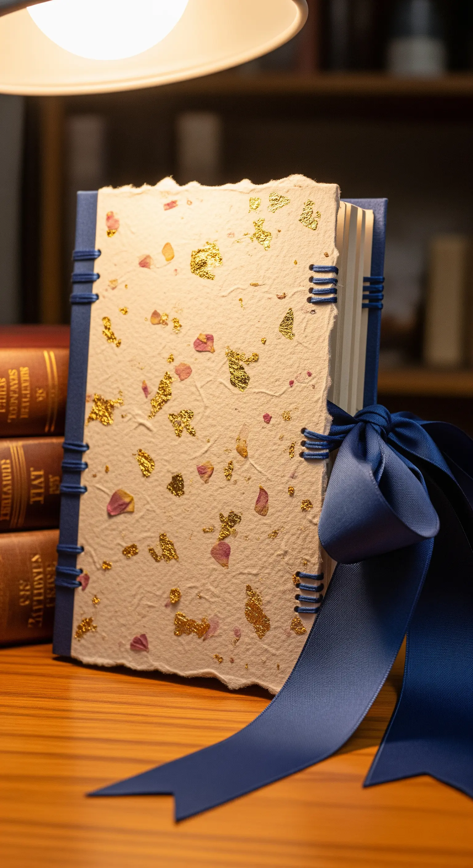 Un diario rilegato a mano con copertina in carta artigianale con petali e foglia d'oro.