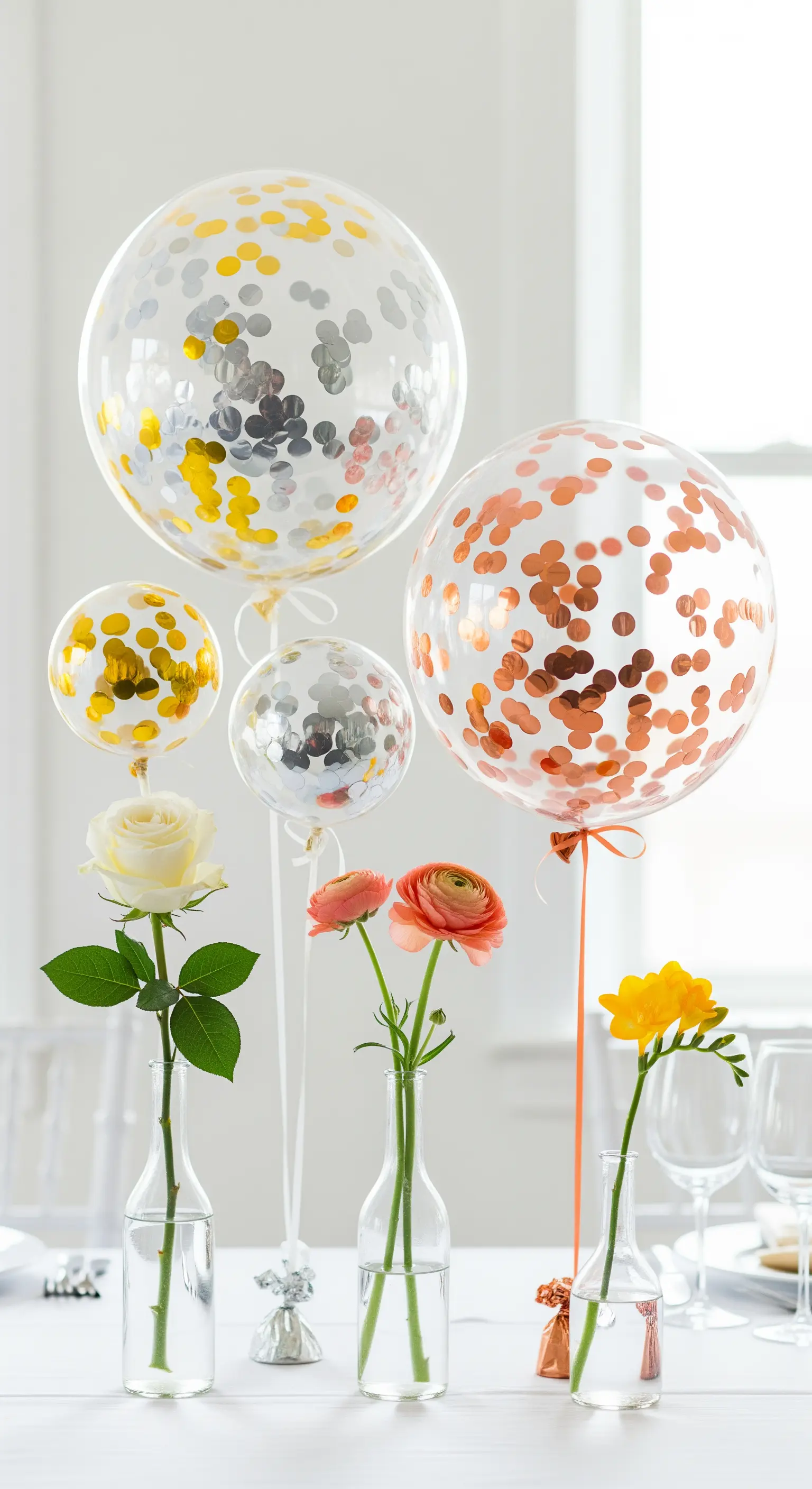 Gruppo di palloncini con coriandoli metallici e fiori singoli in piccoli vasi di vetro.
