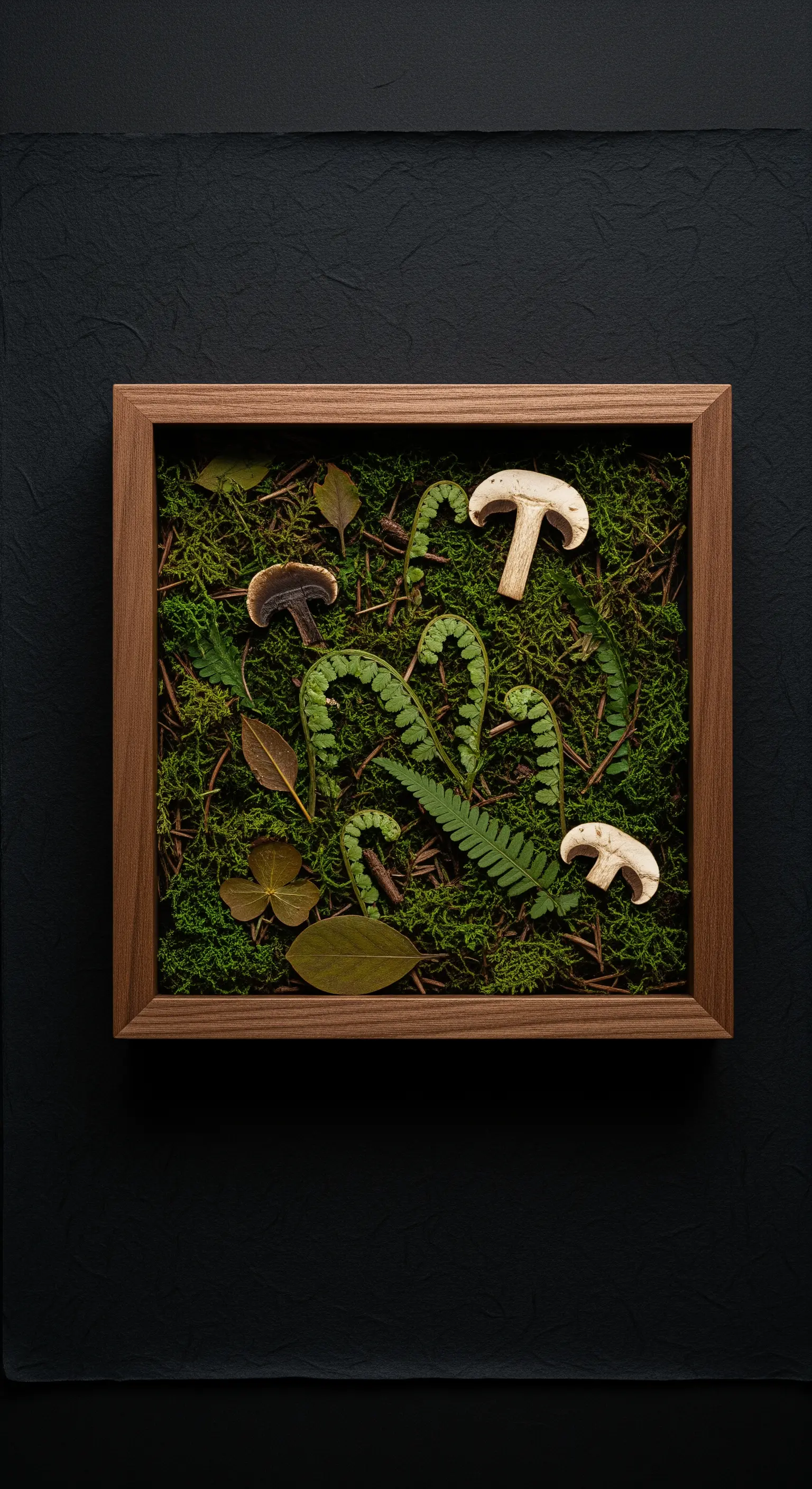 Una cornice profonda in legno riempita di muschio, felci e funghi, come un diorama.