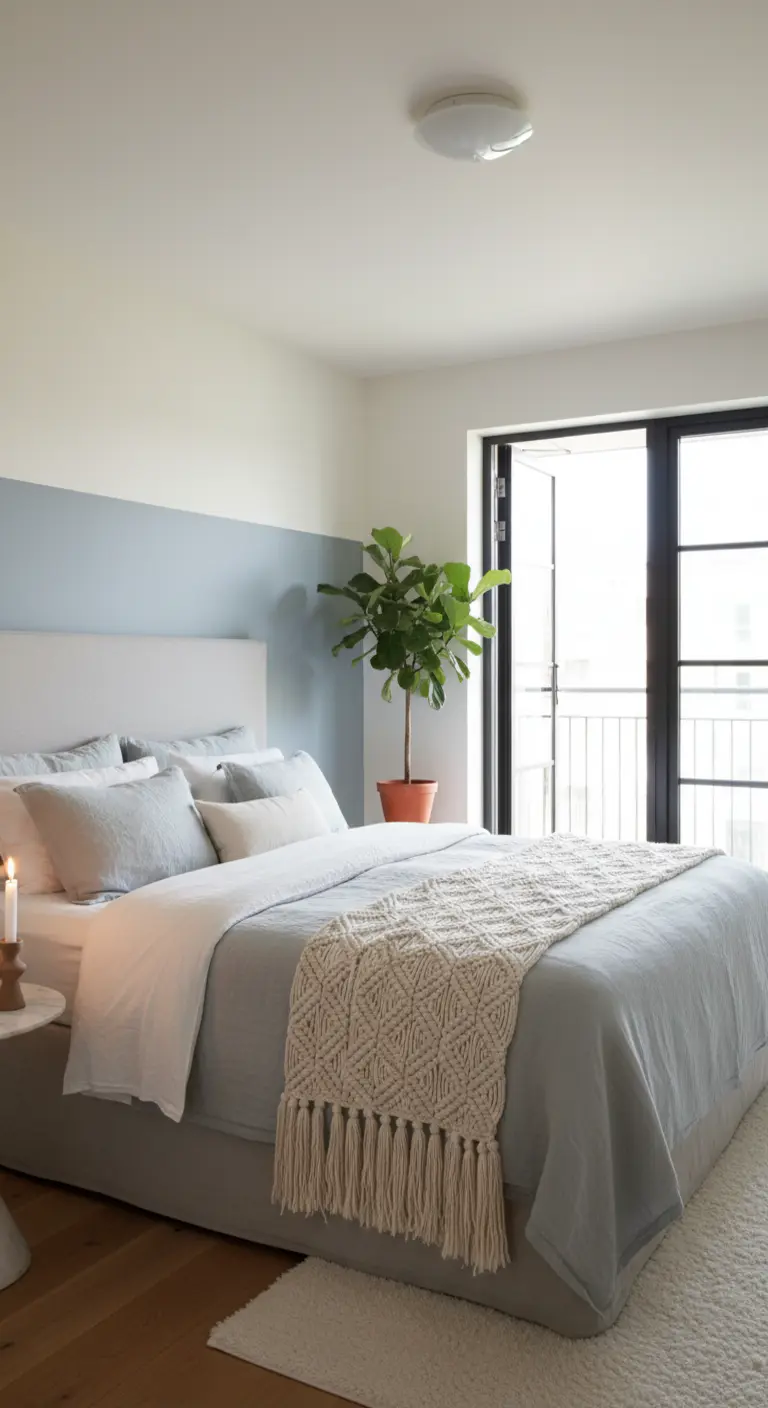 Camera da letto con parete bicolore, una fascia azzurro polvere dietro il letto e una coperta in macramè.