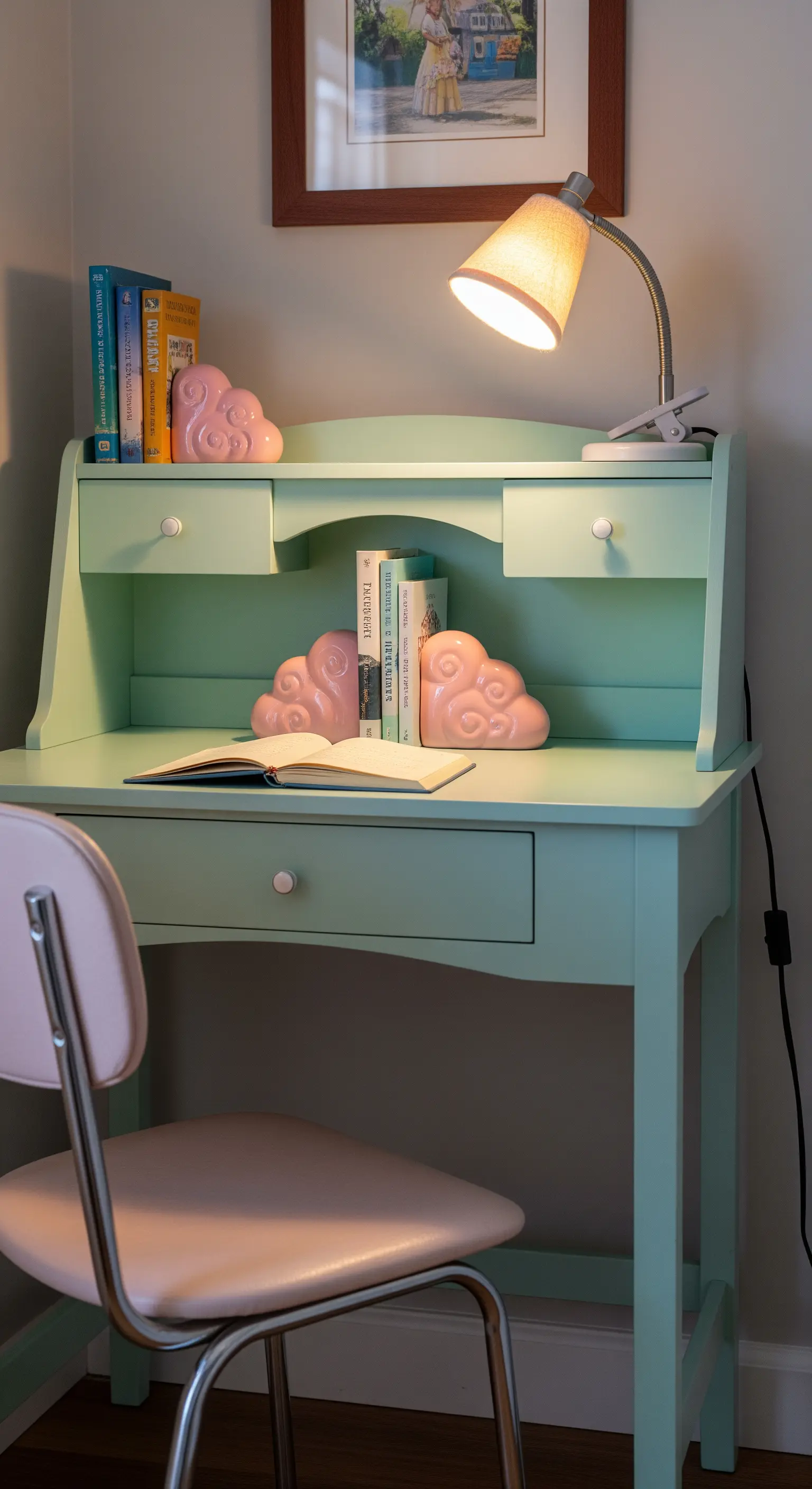 Scrivania con alzata color menta, accessori rosa e sedia vintage in metallo e pelle rosa.