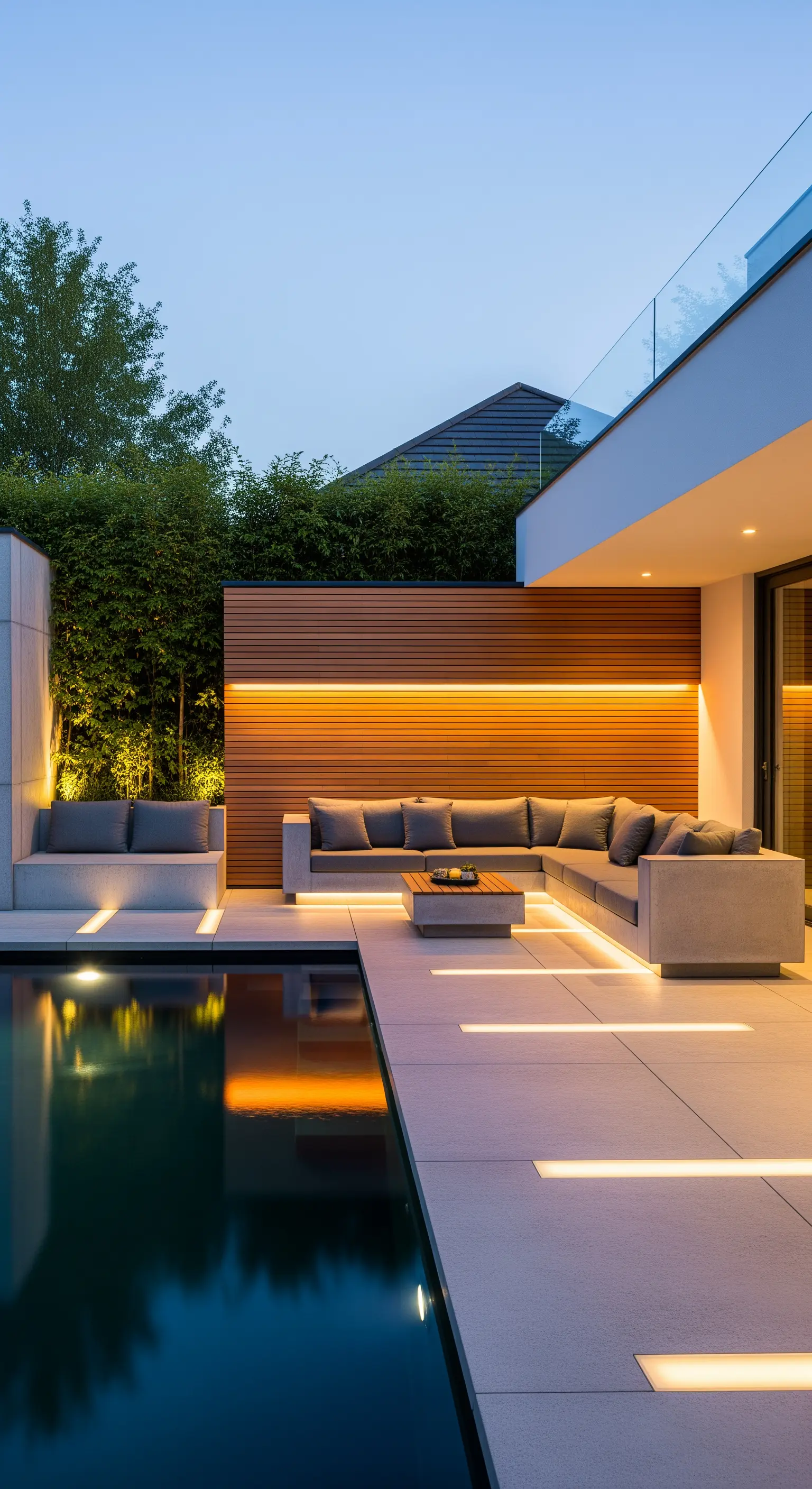 Patio moderno con piastrelle grigie e strisce luminose LED integrate nel pavimento e lungo una parete.