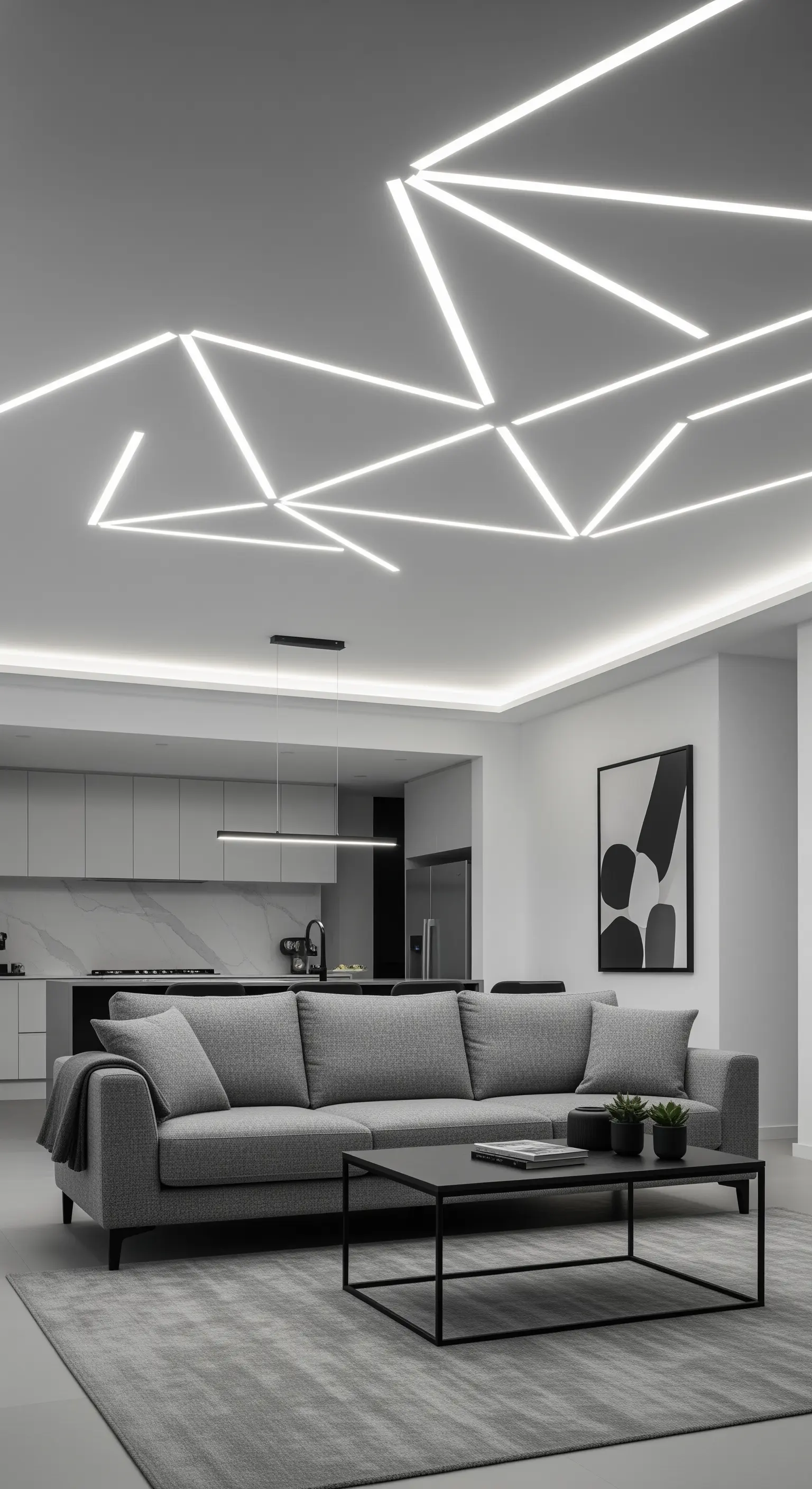 Salotto moderno con illuminazione a LED integrata nel soffitto a formare linee geometriche.