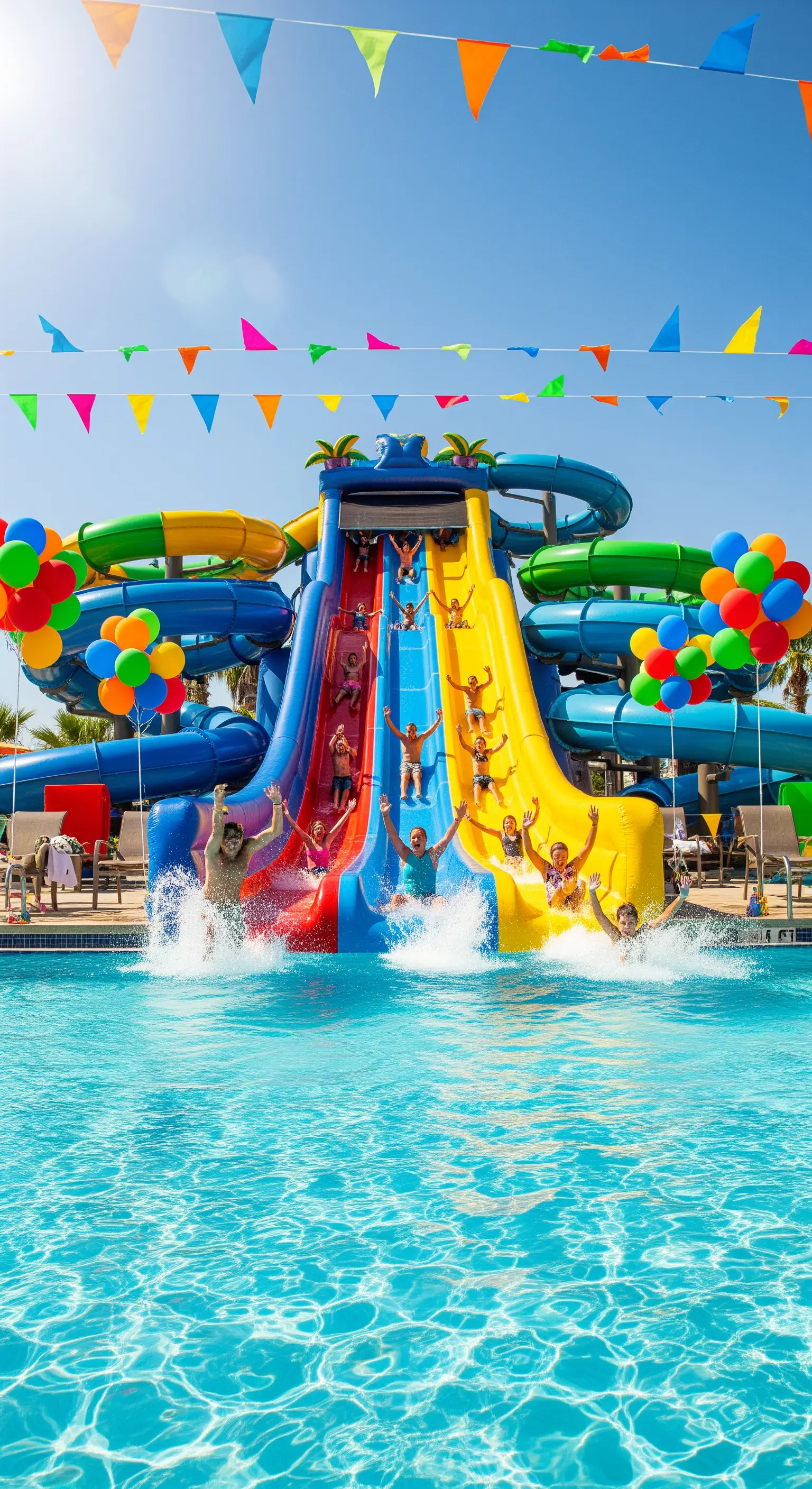 Grande scivolo d'acqua gonfiabile e colorato che termina in piscina, con festoni di bandierine.