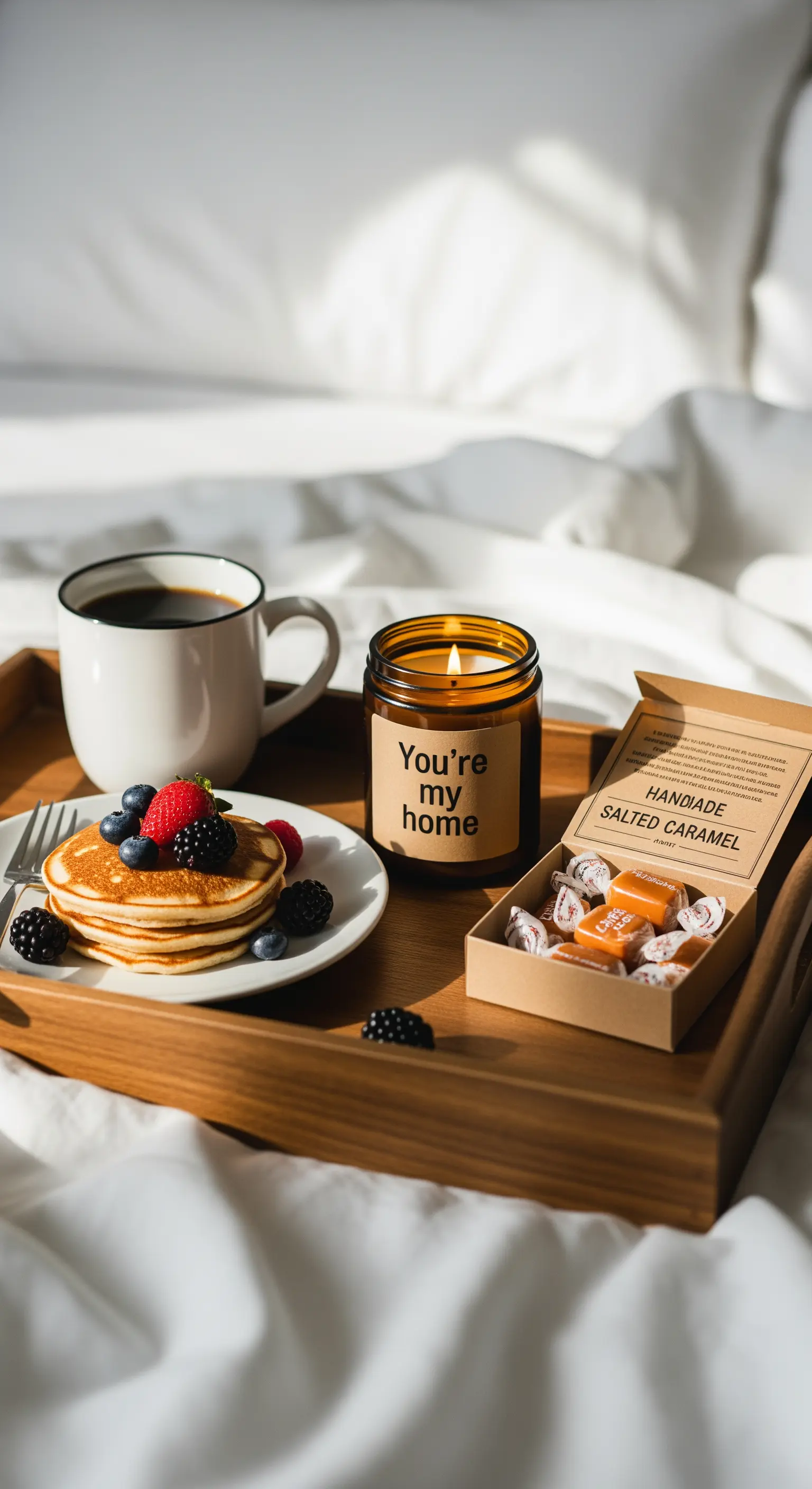 Vassoio per colazione a letto con pancake, caffè e una candela con dedica.