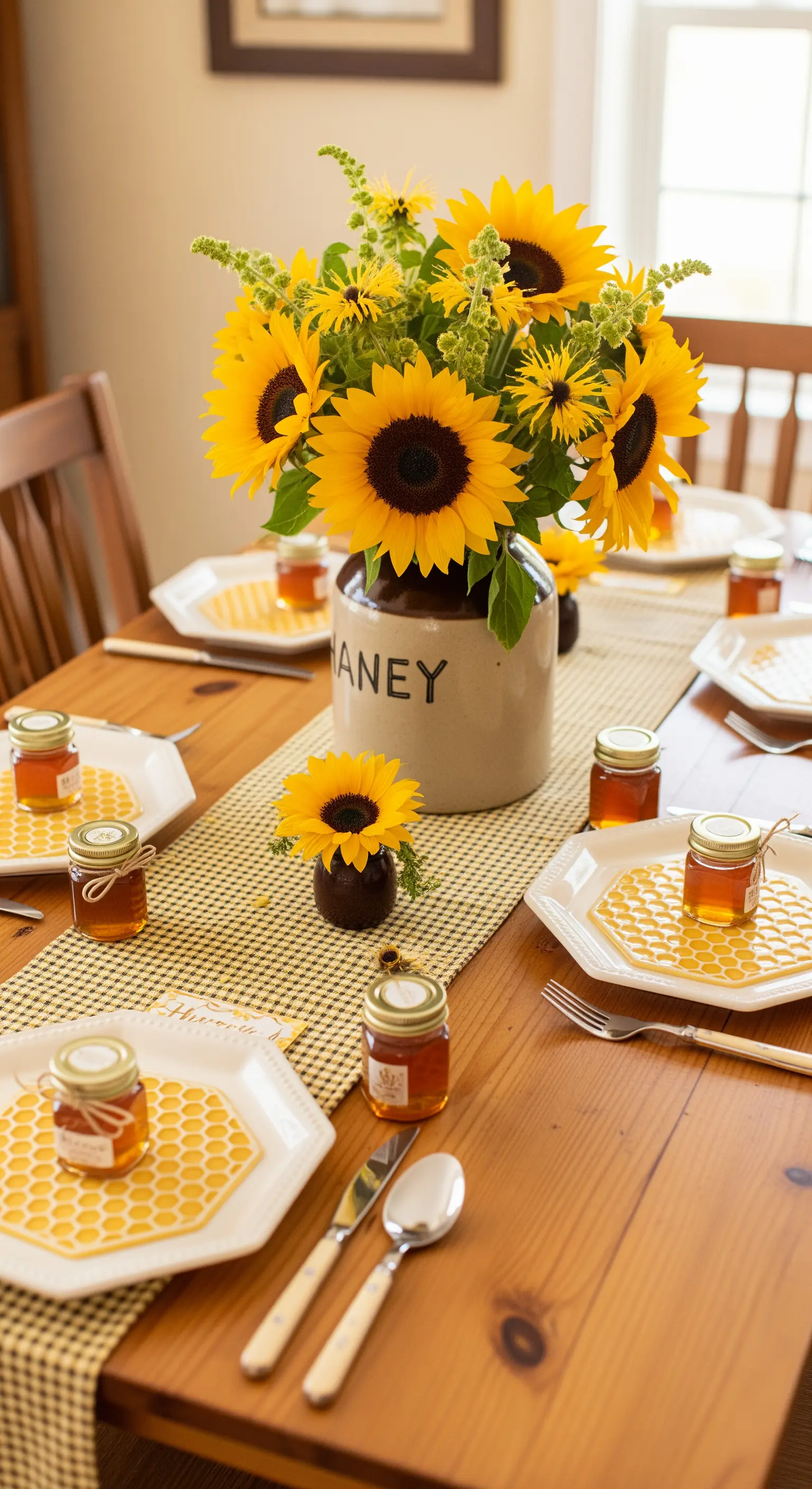 Tavola a tema miele con runner a quadretti gialli, girasoli e vasetti di miele.