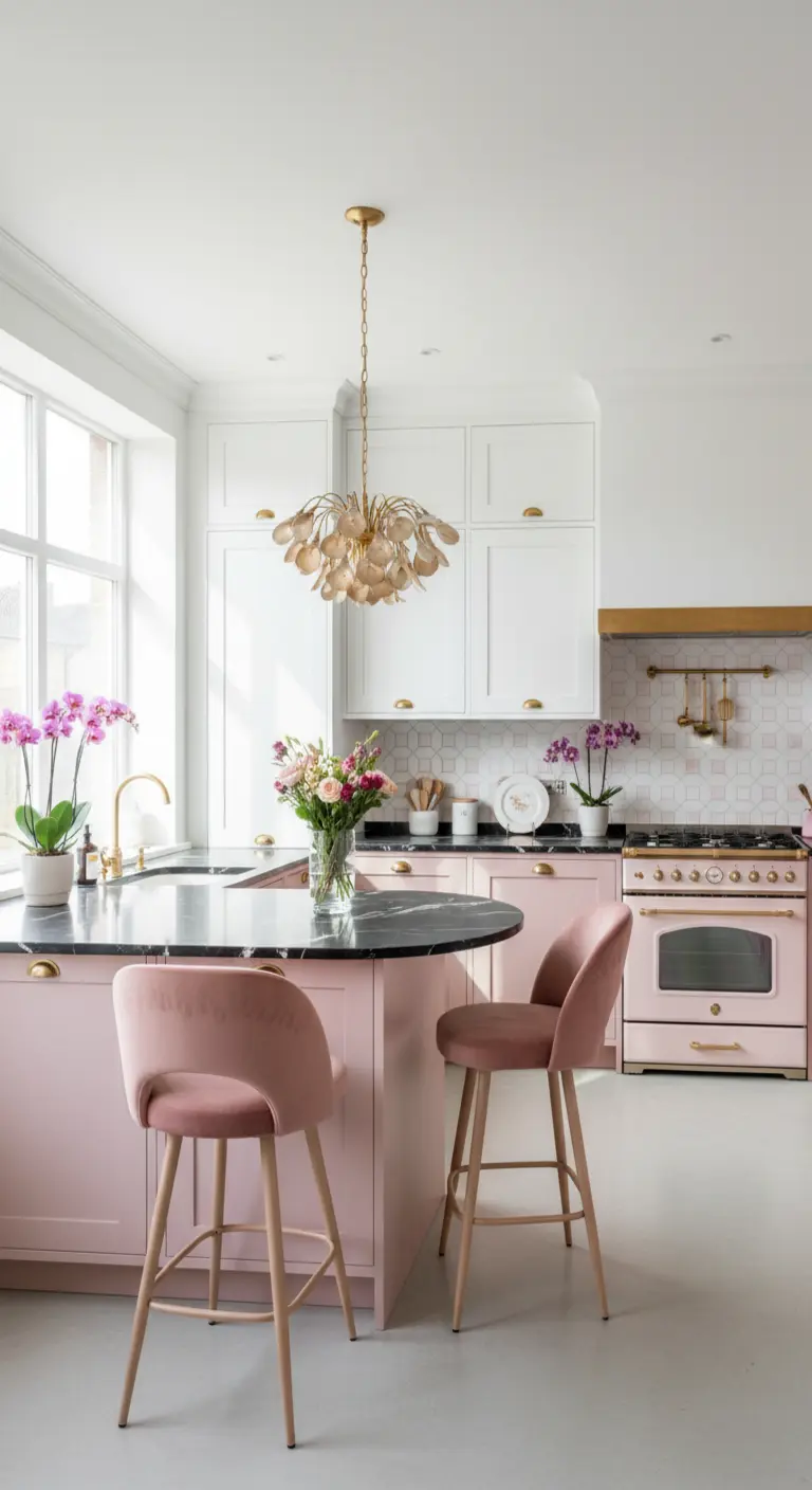 Cucina rosa con isola e piano di lavoro in marmo nero, sgabelli in velluto rosa e dettagli dorati.
