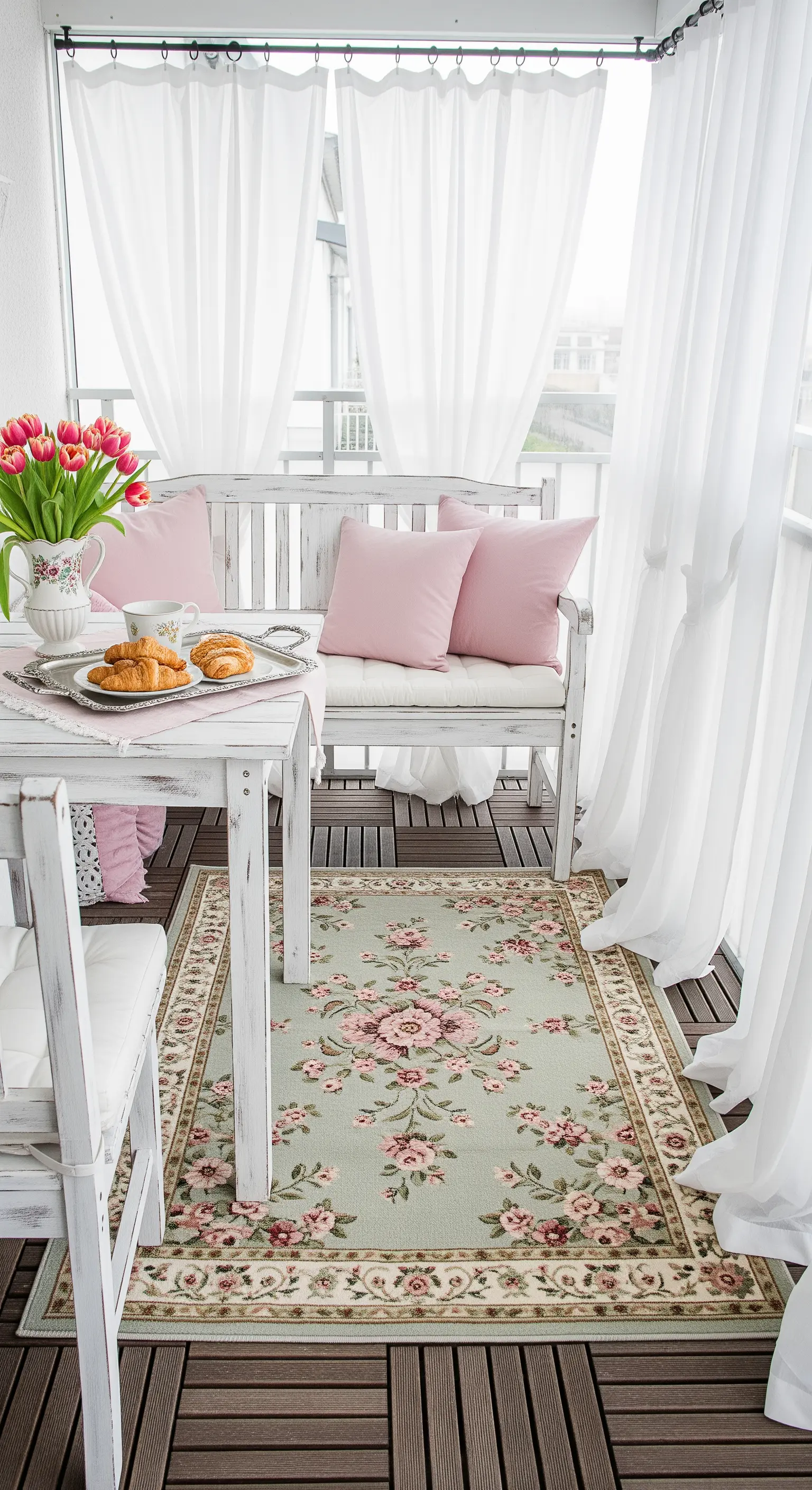 Balcone in stile shabby chic con panca e tavolo bianchi, cuscini rosa e tappeto floreale.