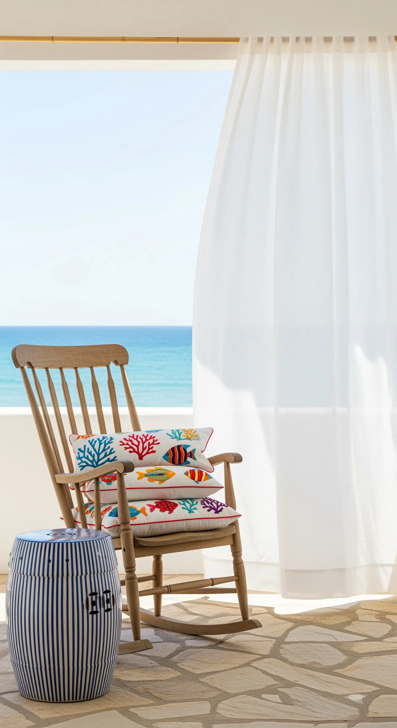 Sedia a dondolo in legno su un patio vista mare, con cuscini ricamati e sgabello in ceramica a righe.