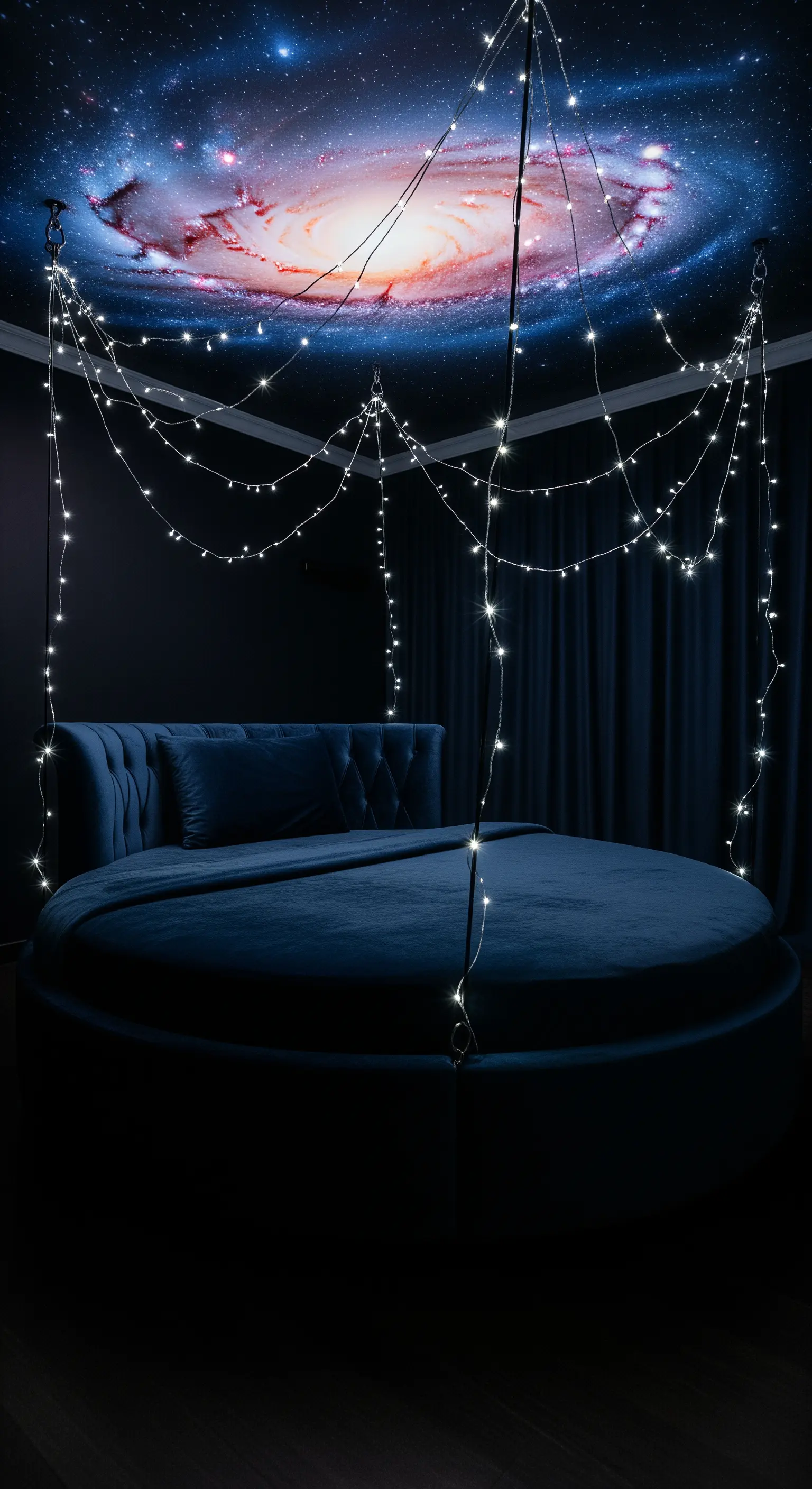 Letto rotondo blu sospeso sotto un soffitto dipinto come una galassia e decorato con lucine.