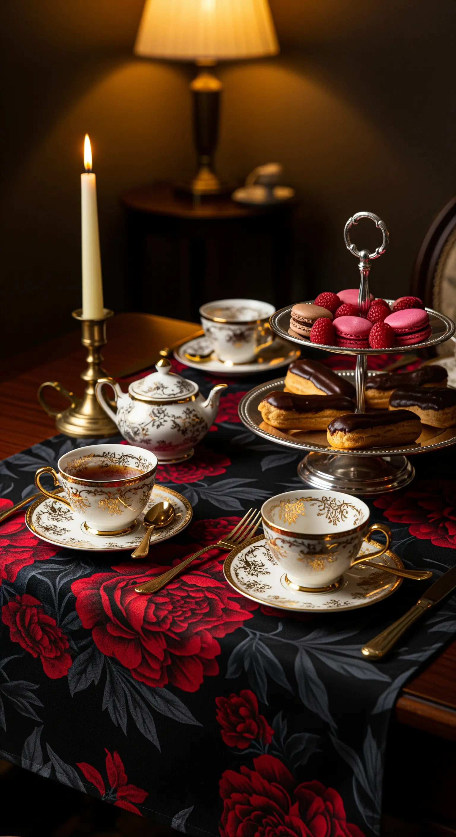 Tavola da tè serale con tovaglia a rose rosse, lume di candela e tazzine dorate