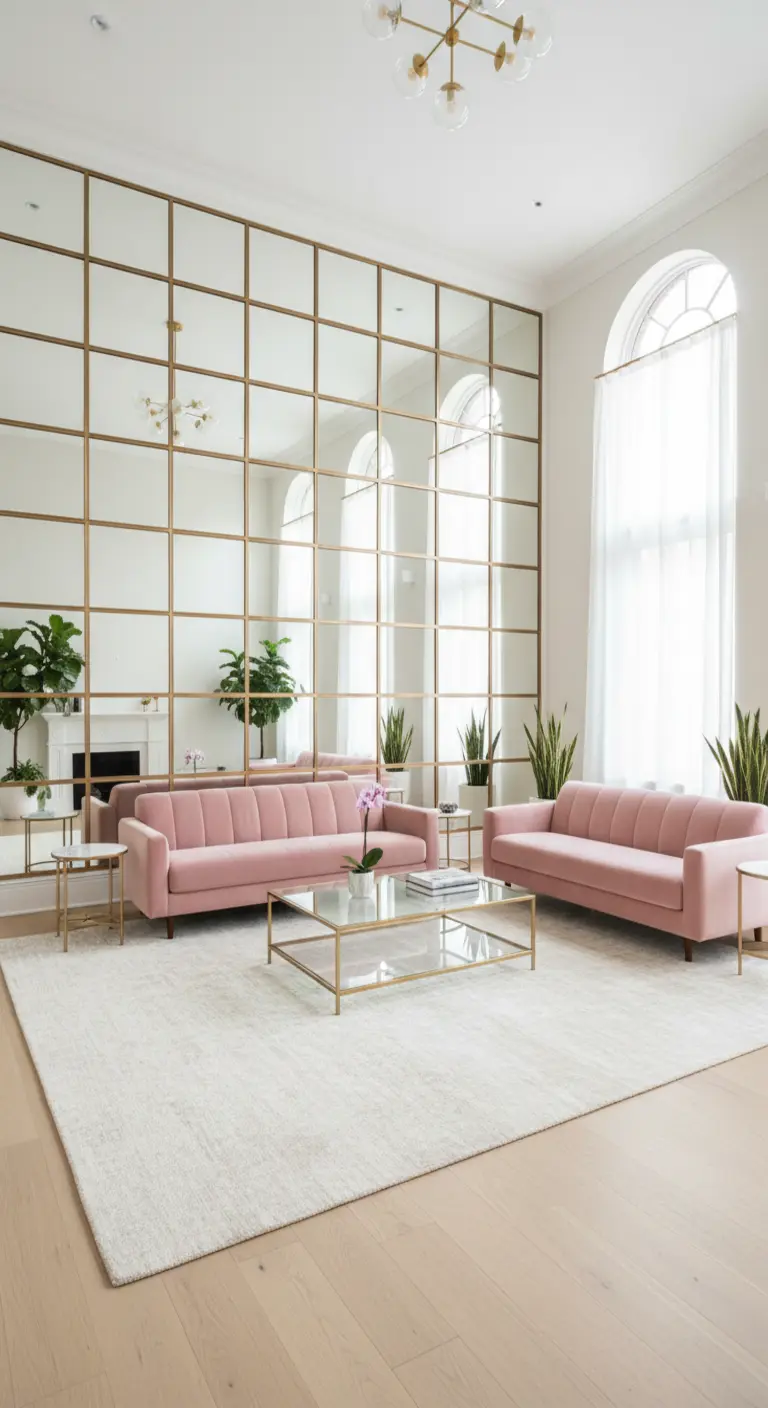 Intera parete a specchio con griglia dorata in un salotto a doppia altezza con divani rosa.