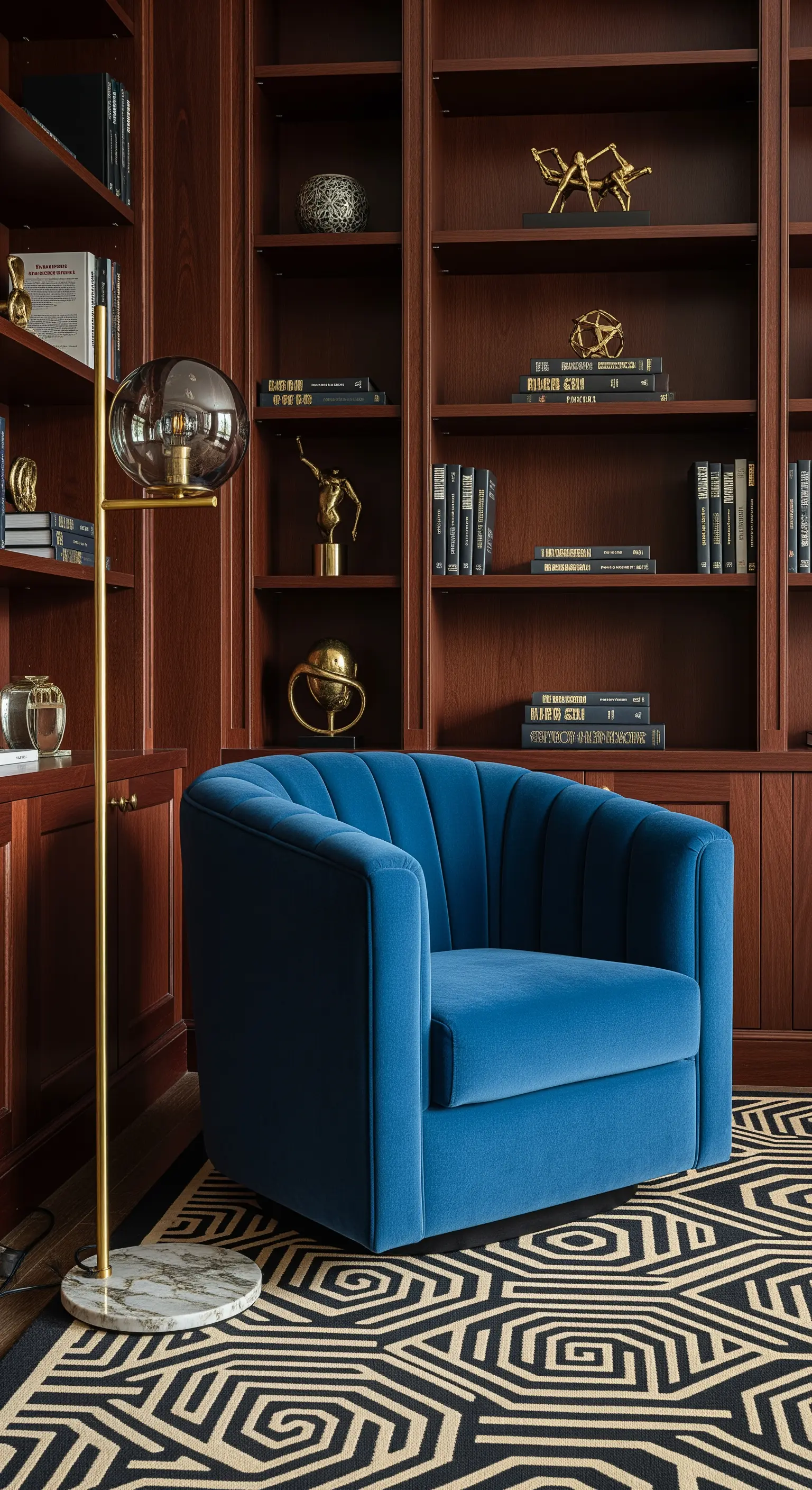 Poltrona in velluto blu in uno studio con boiserie in legno scuro e tappeto geometrico.