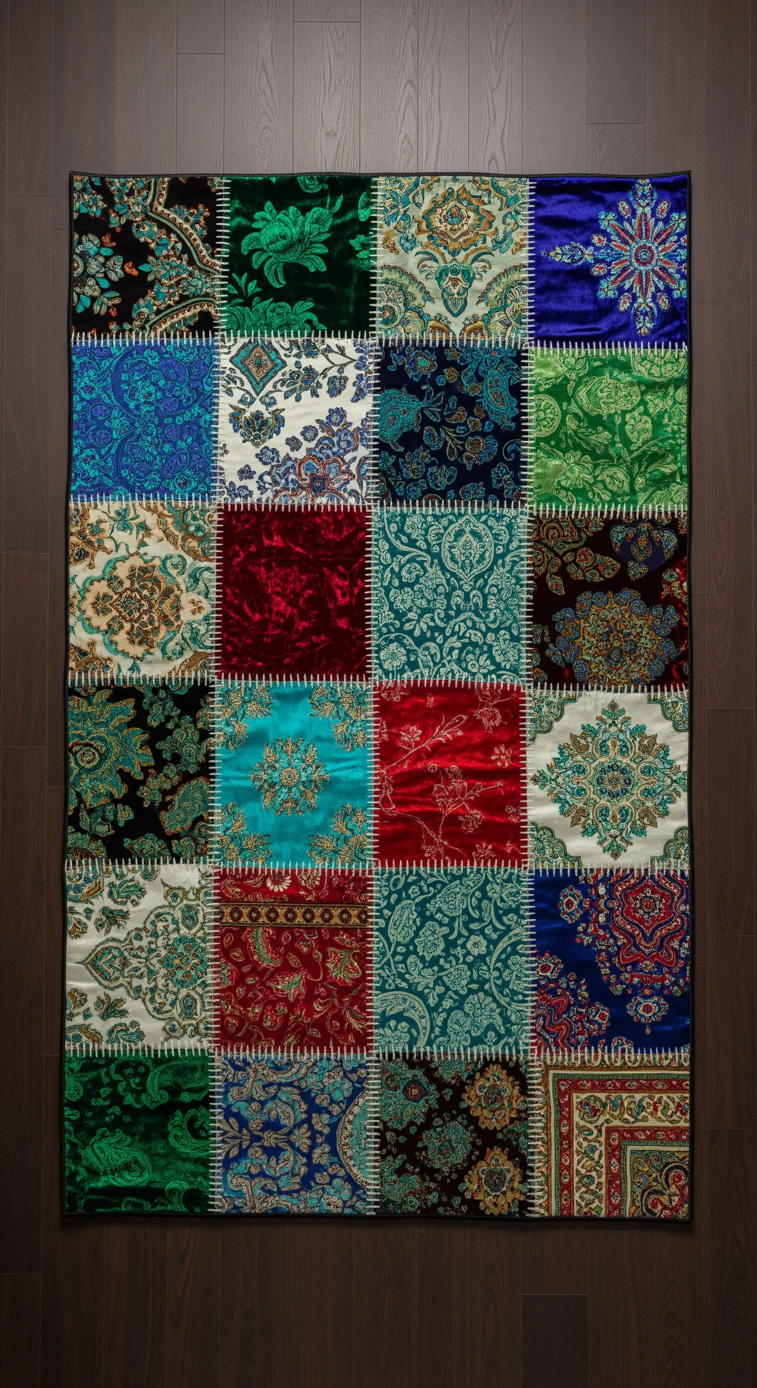Tappeto patchwork con quadrati di tessuti preziosi come velluto e broccato in toni blu, verdi e rossi